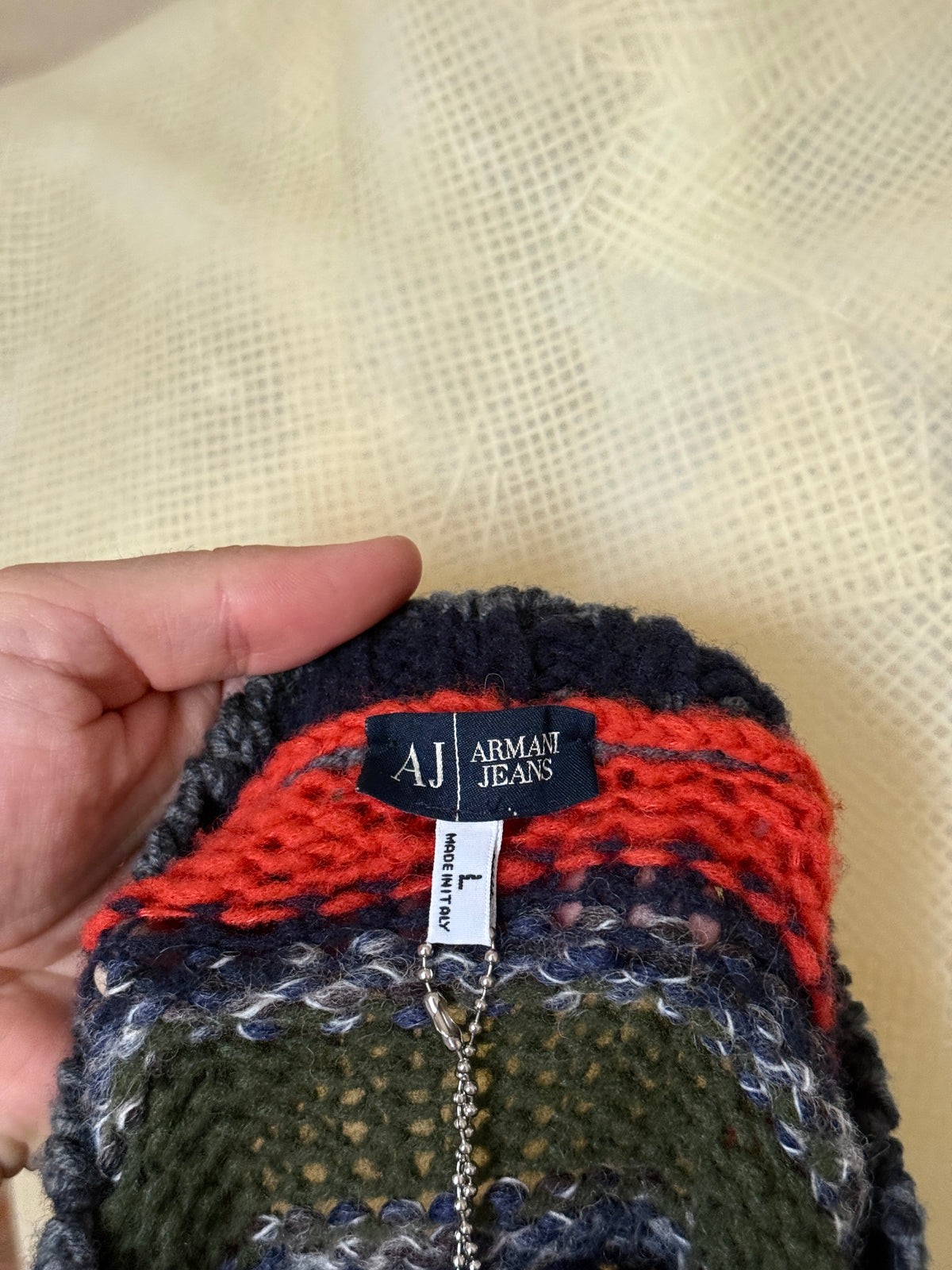 Vintage 2000s Armani Jeans Geometric Knit Wool Sweater Navy / Orange - M