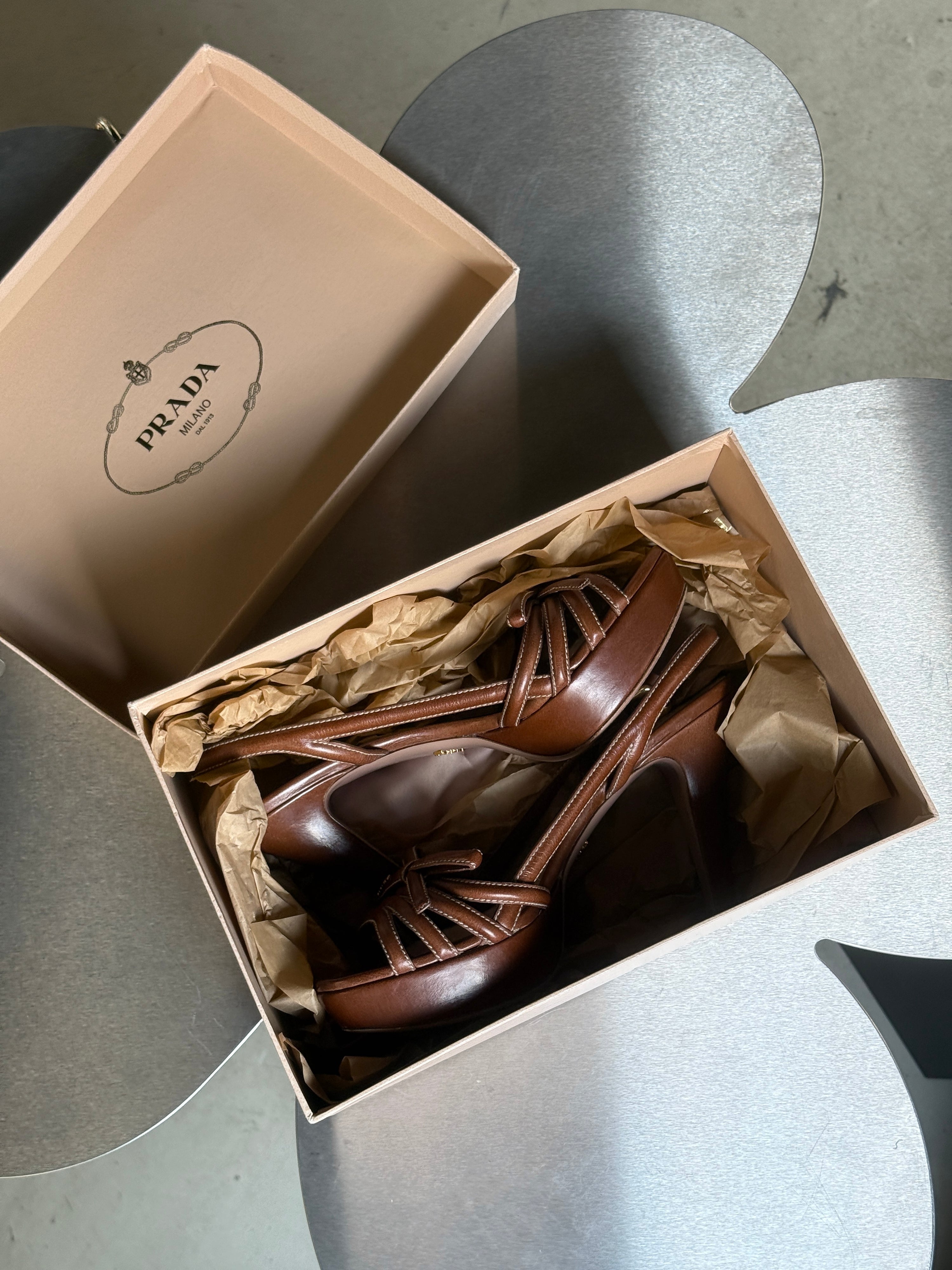 Prada Slingback Bow Leather Heels Brown (with box) - EU 40
