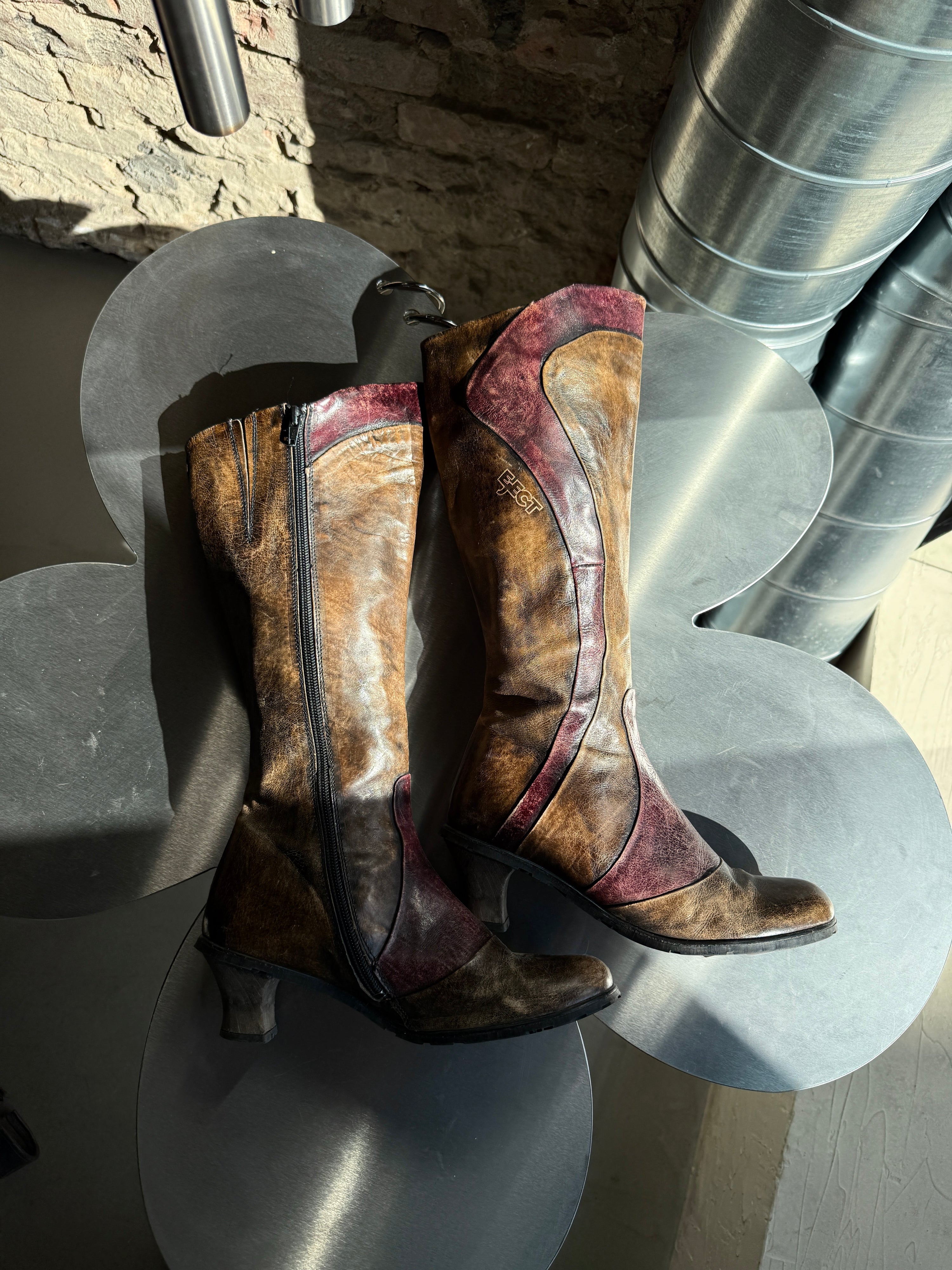 Vintage Eject Knee High Leather Boots Brown/Burgundy - EU 39