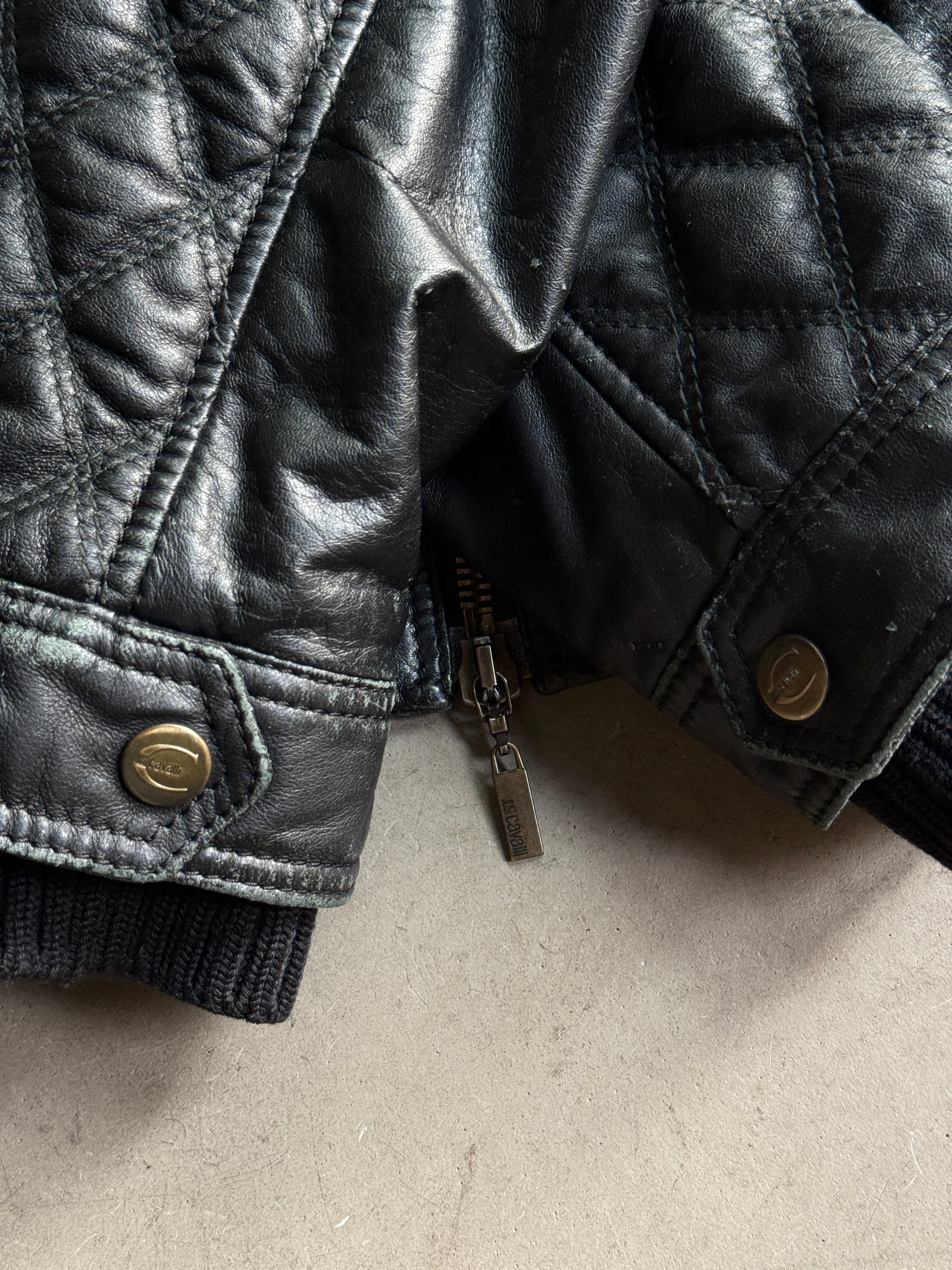 Vintage AW2004 Just Cavalli Cinched Diamond Quilted Leather Jacket Black - M