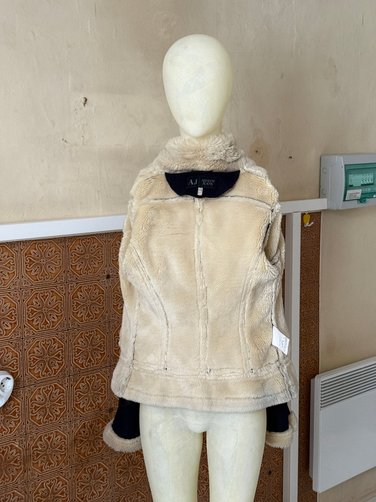 Vintage 00s Armani Jeans Navy Faux Suede / Faux Fur Shearling Aviator Jacket - XS