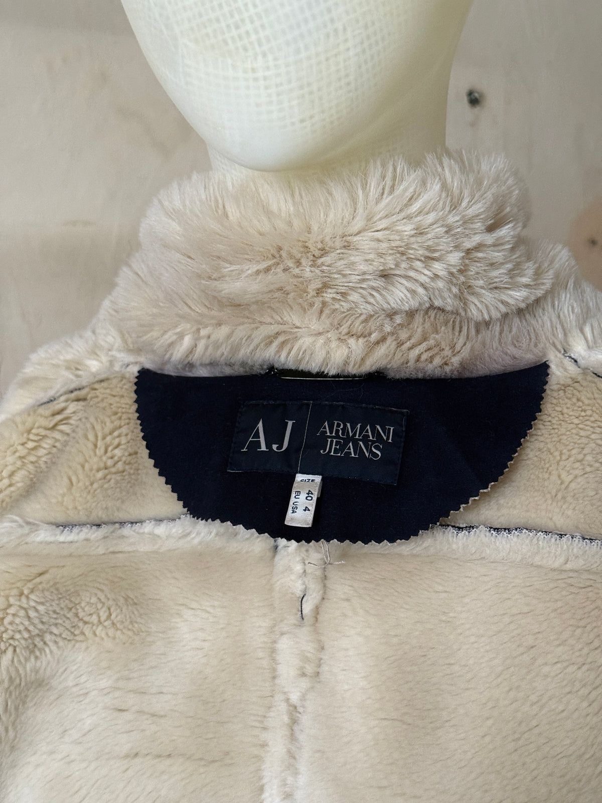 Vintage 00s Armani Jeans Navy Faux Suede / Faux Fur Shearling Aviator Jacket - XS