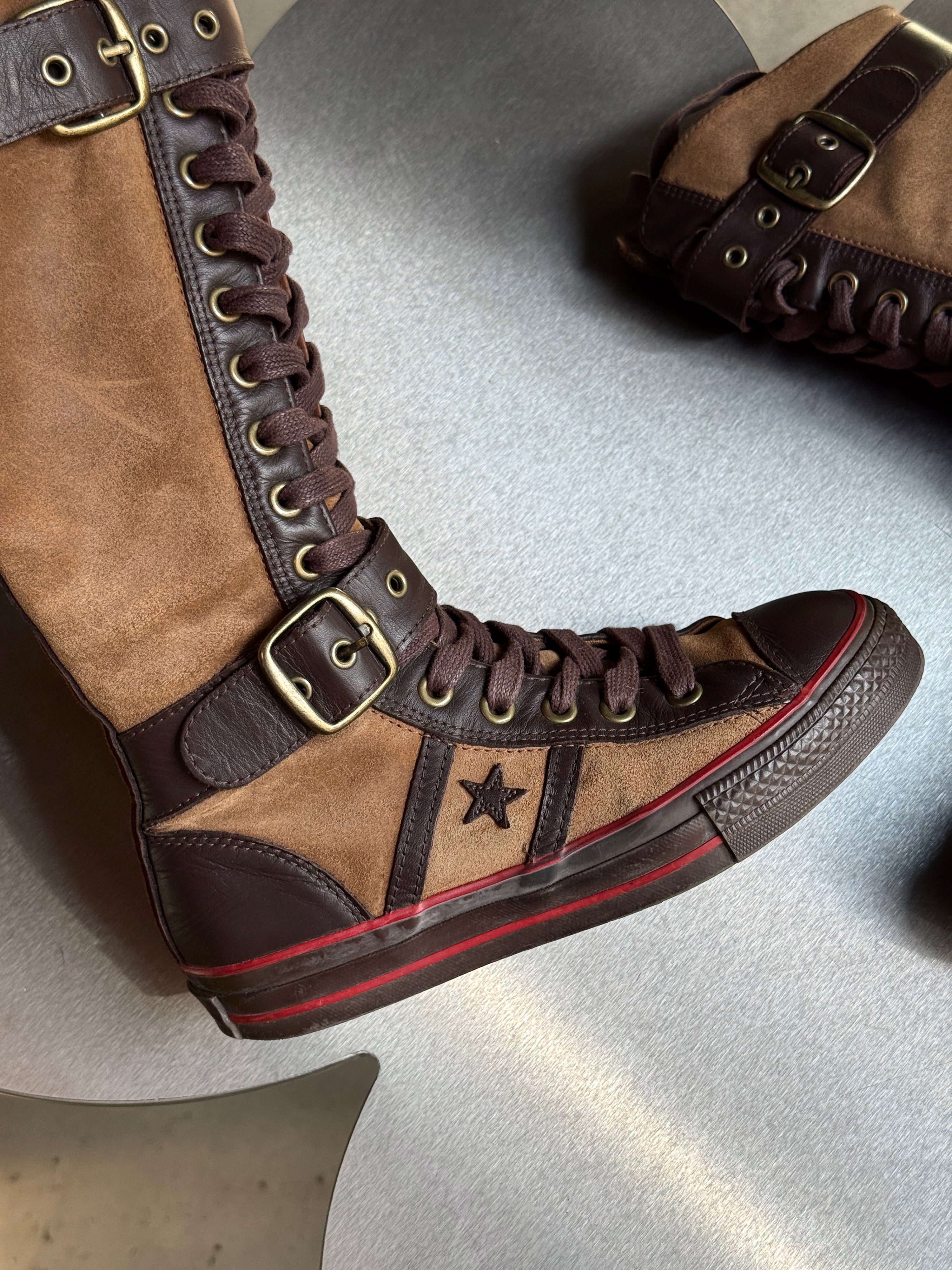 Vintage Converse Knee High Lace Up Buckle Boots Brown (with box) - EU 40