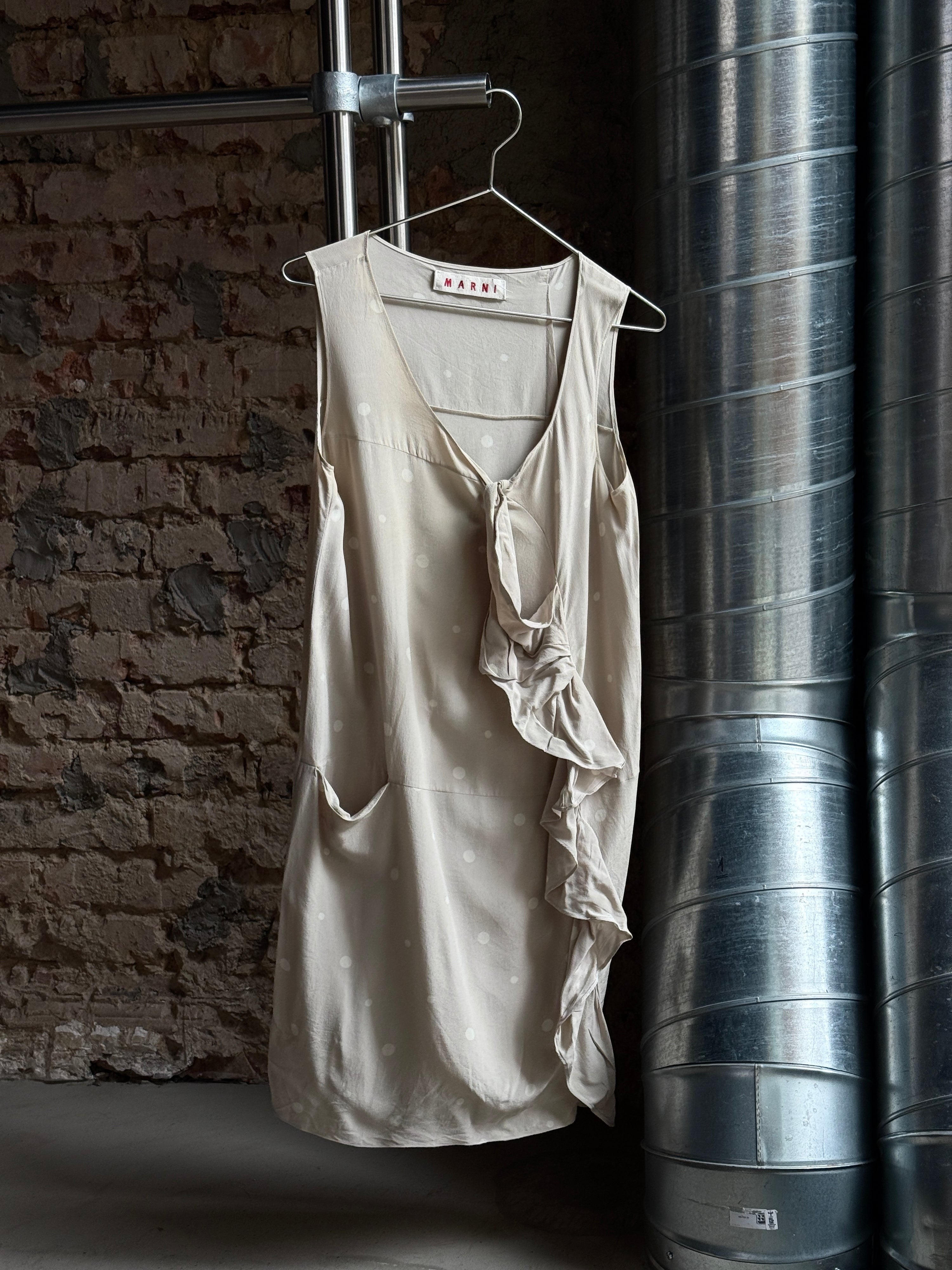 Marni Polkadot Silk Ruffle Slip Dress Cream - S