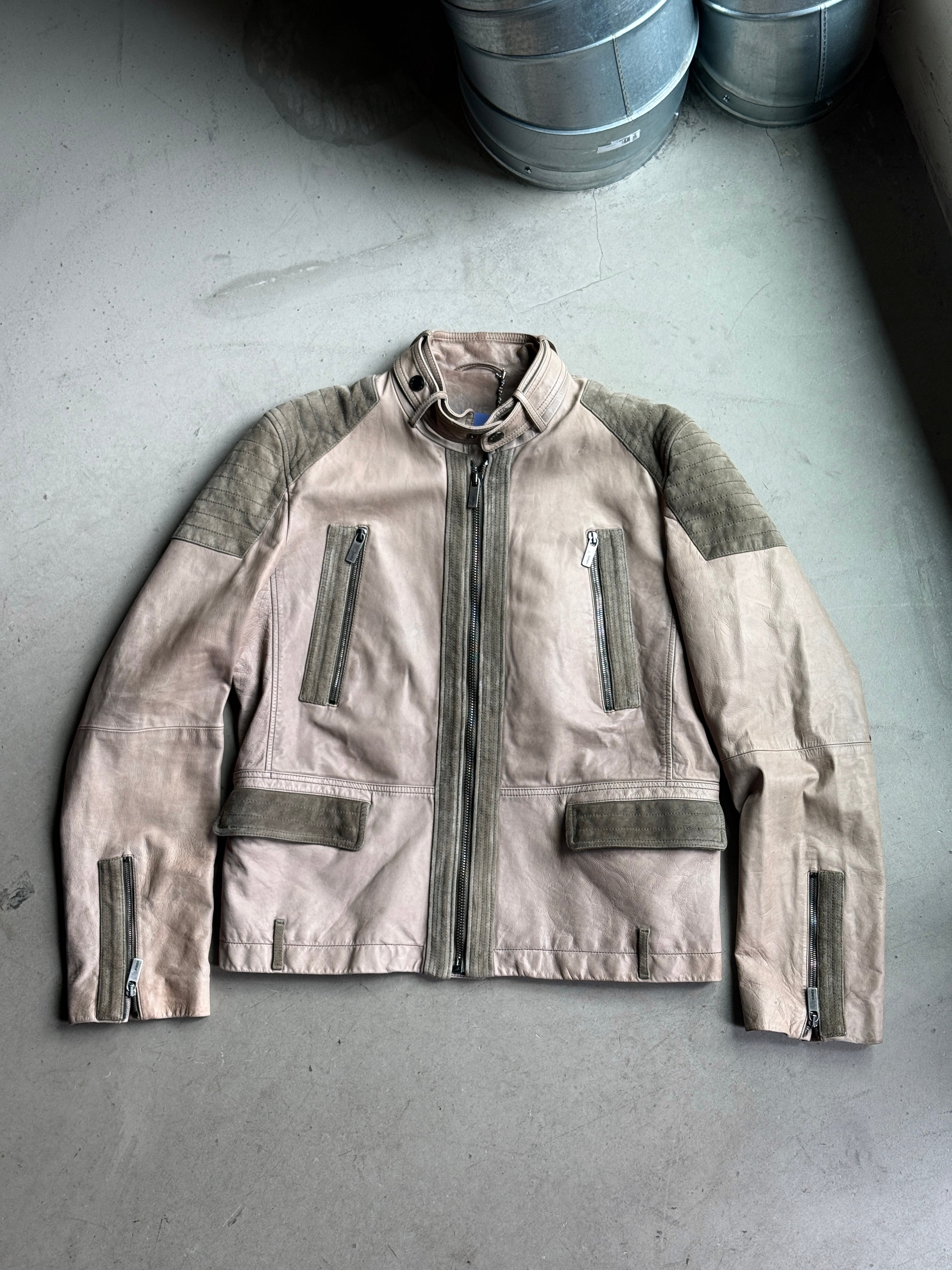 Vintage Kenzo Leather Biker Jacket Taupe / Khaki - L