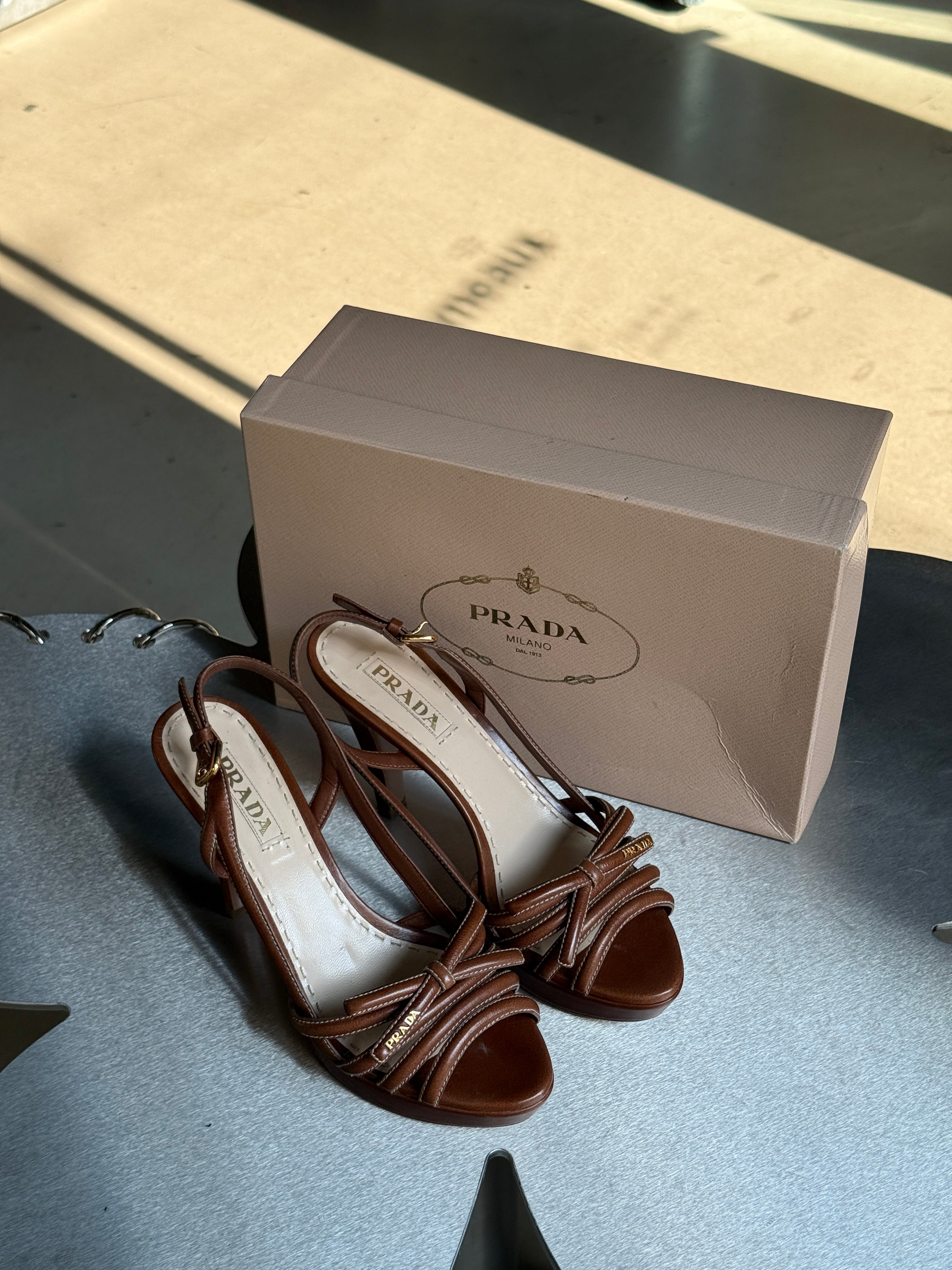 Prada Slingback Bow Leather Heels Brown (with box) - EU 40