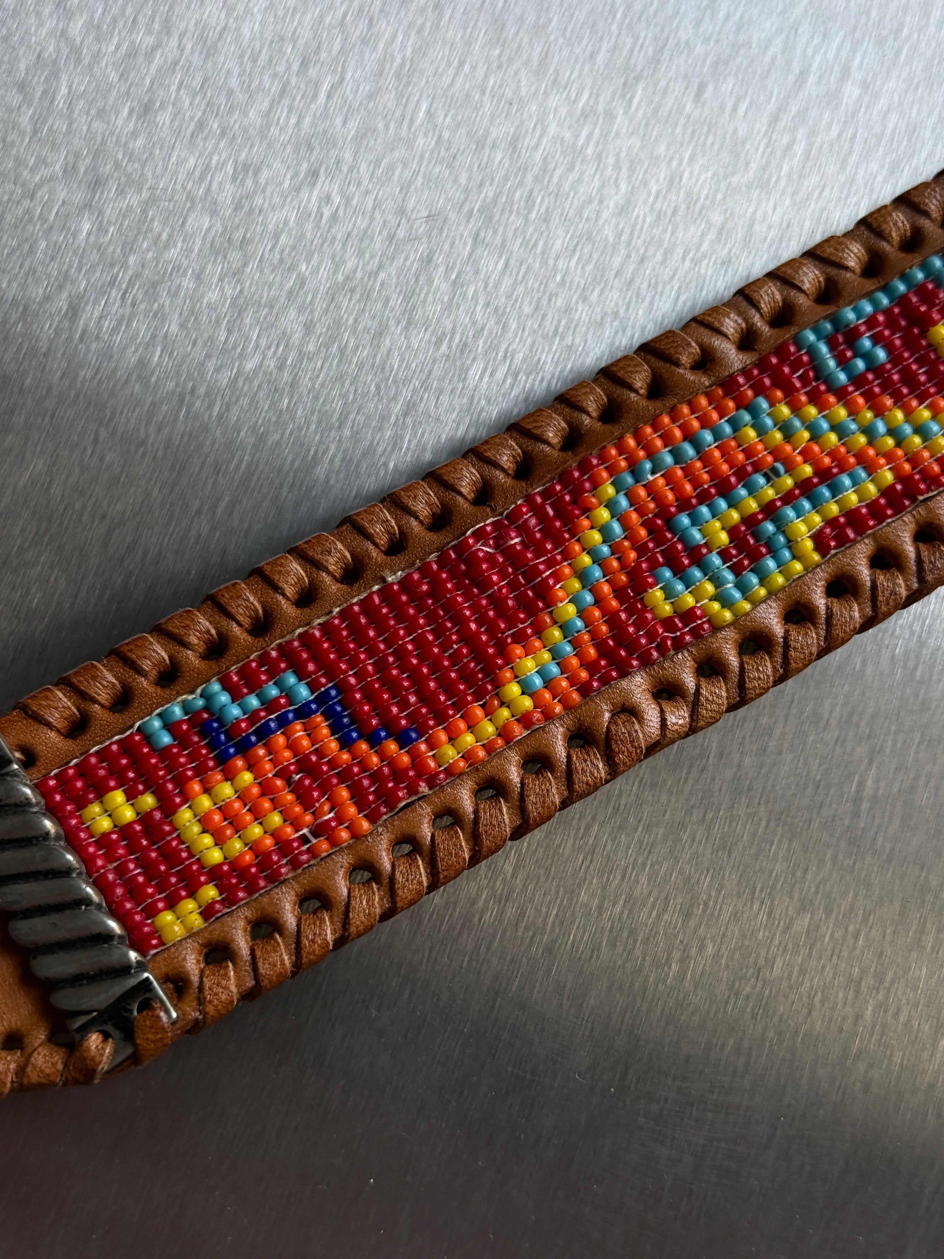 Vintage 1991 Chambers Native American / Aztec Beaded Brown Leather Belt