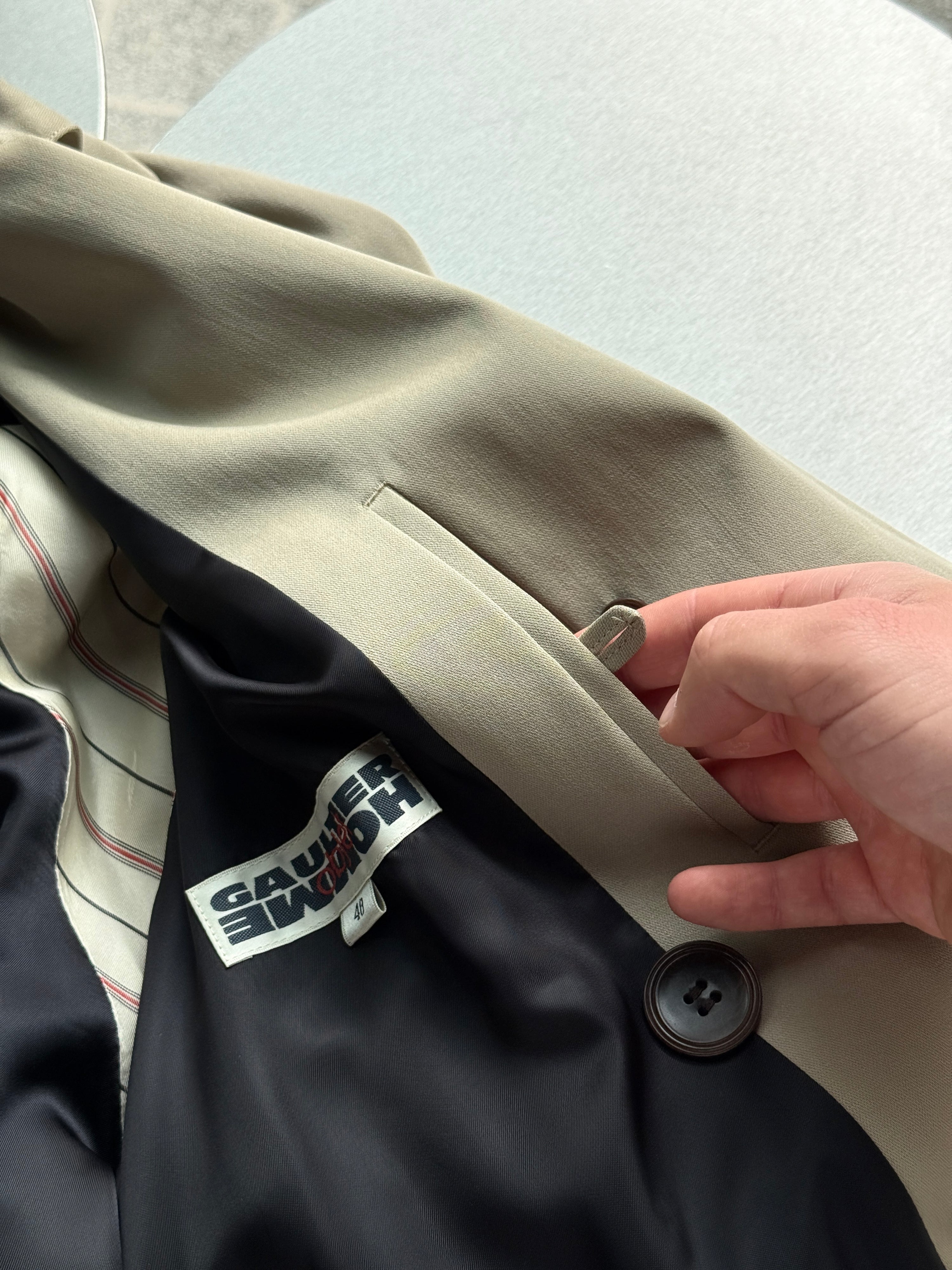 Vintage 1990s Jean Paul Gaultier Objet Homme Double Breasted Trench Coat Beige - L