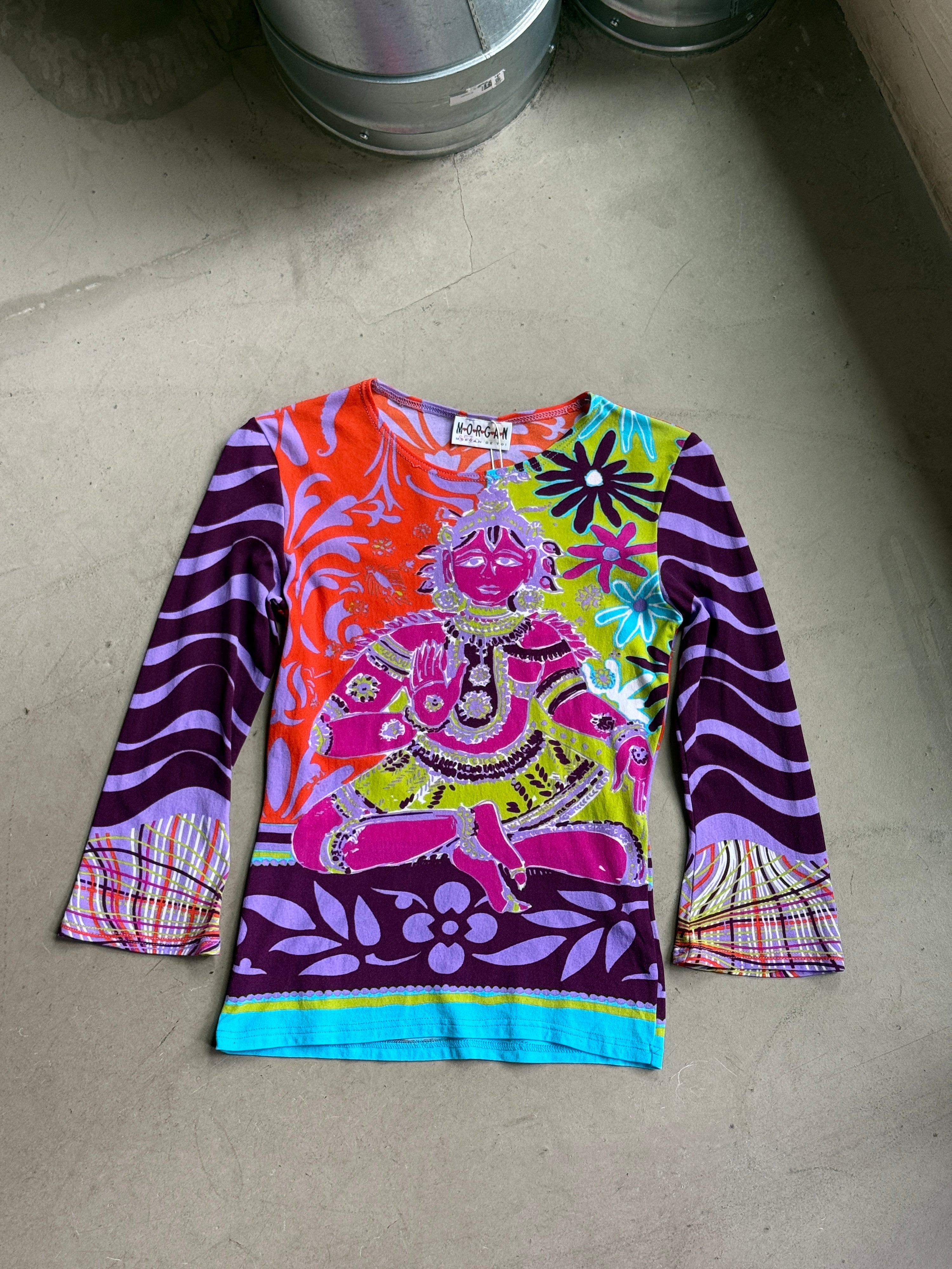 Vintage Morgan de Toi "Psychadelic Hindu" 3/4 Sleeves Funky Top Purple - S