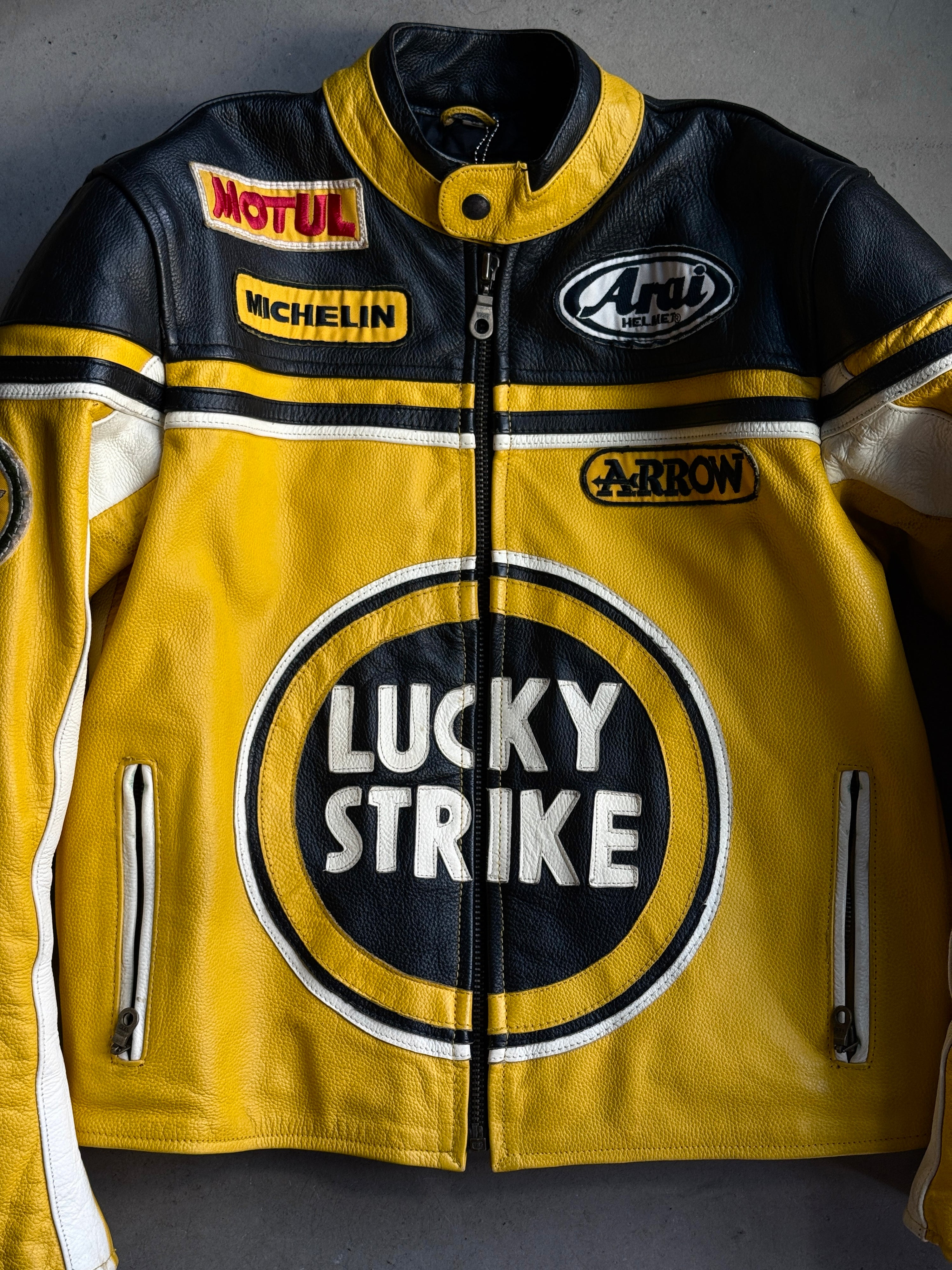 Vintage Lucky Strike Motorcycle Racing Leather Jacket Yellow - S