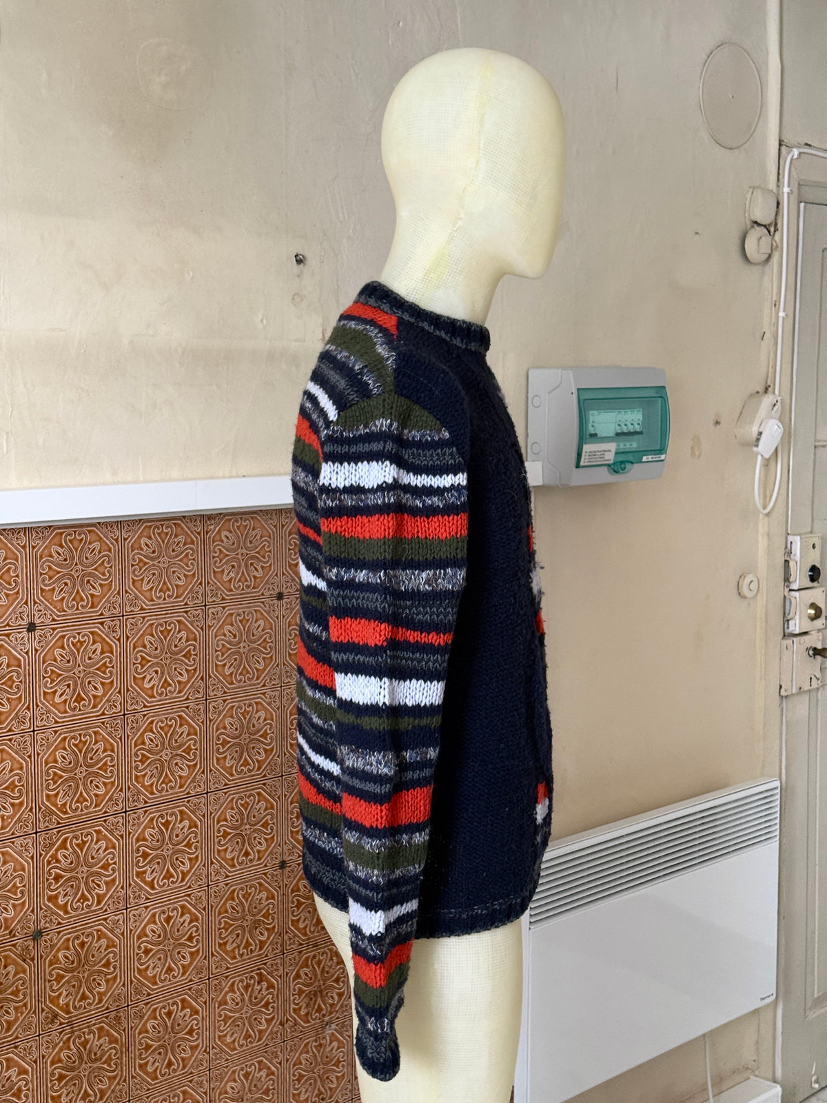 Vintage 2000s Armani Jeans Geometric Knit Wool Sweater Navy / Orange - M