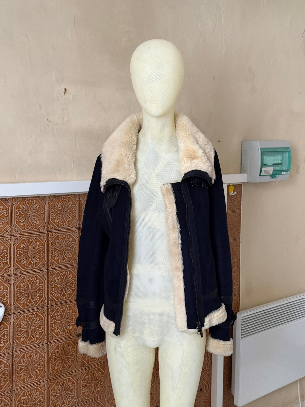 Vintage 00s Armani Jeans Navy Faux Suede / Faux Fur Shearling Aviator Jacket - XS
