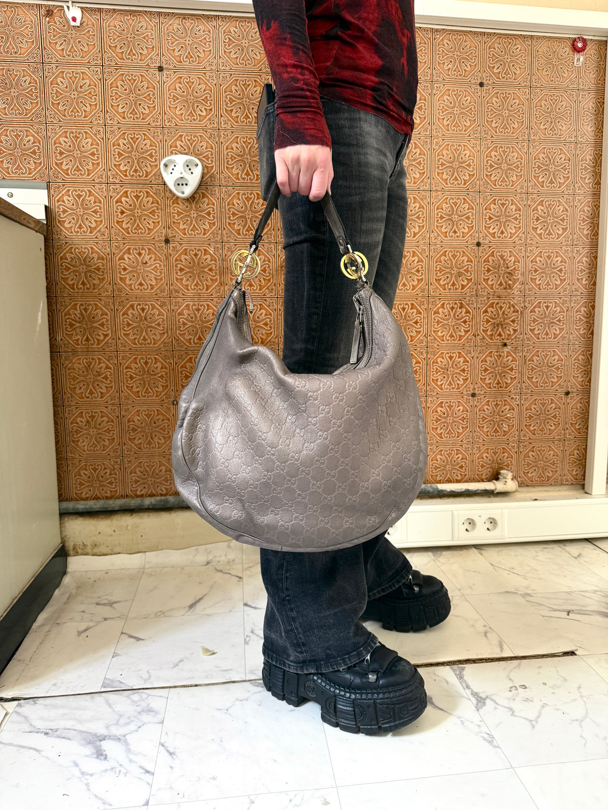 Gucci Guccissima Leather Twins Large Purple Metallic Hobo Bag