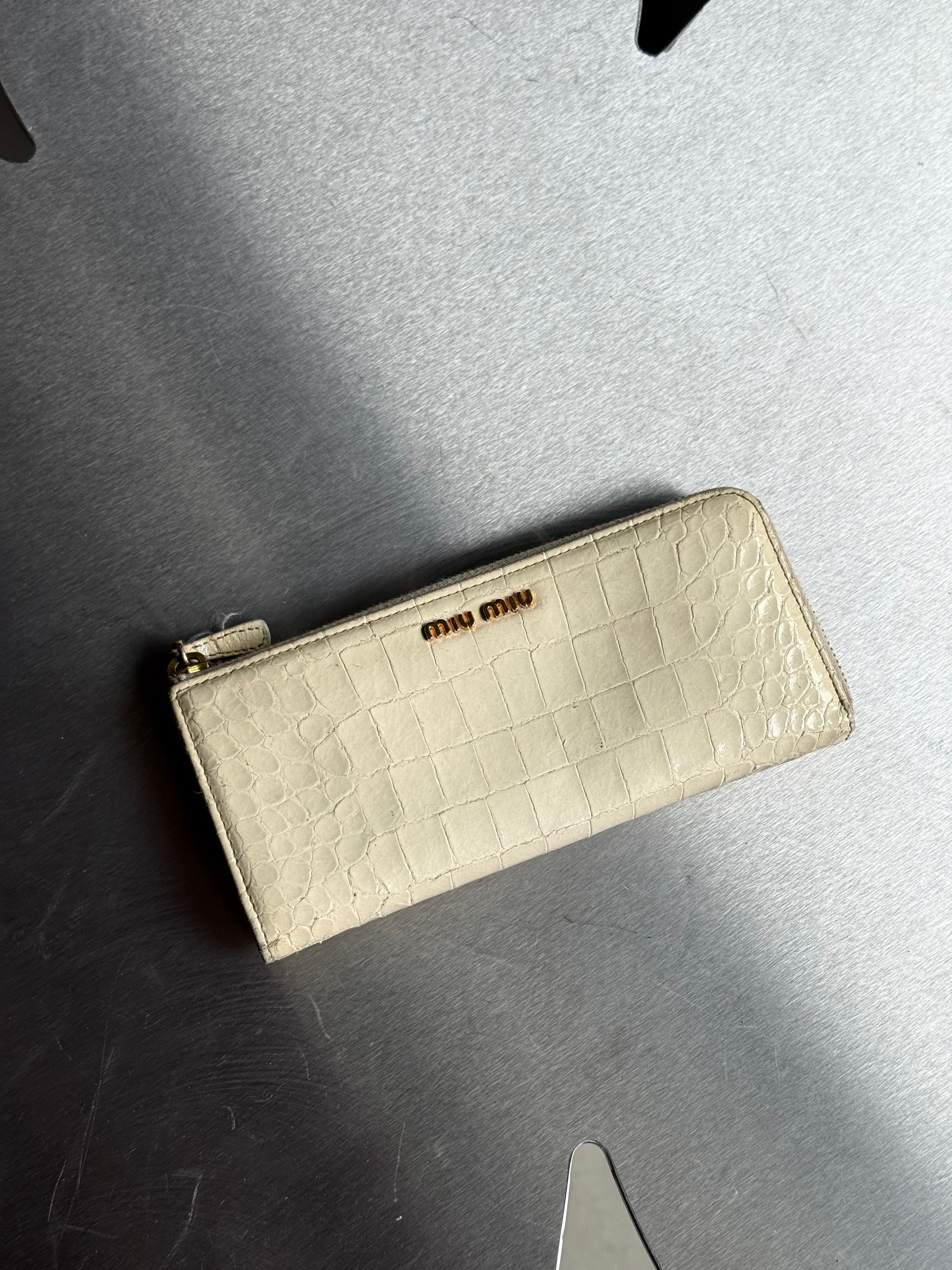 Miu Miu White Croc Zip Long Wallet Cream