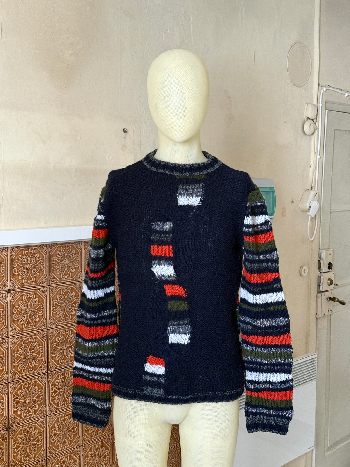 Vintage 2000s Armani Jeans Geometric Knit Wool Sweater Navy / Orange - M