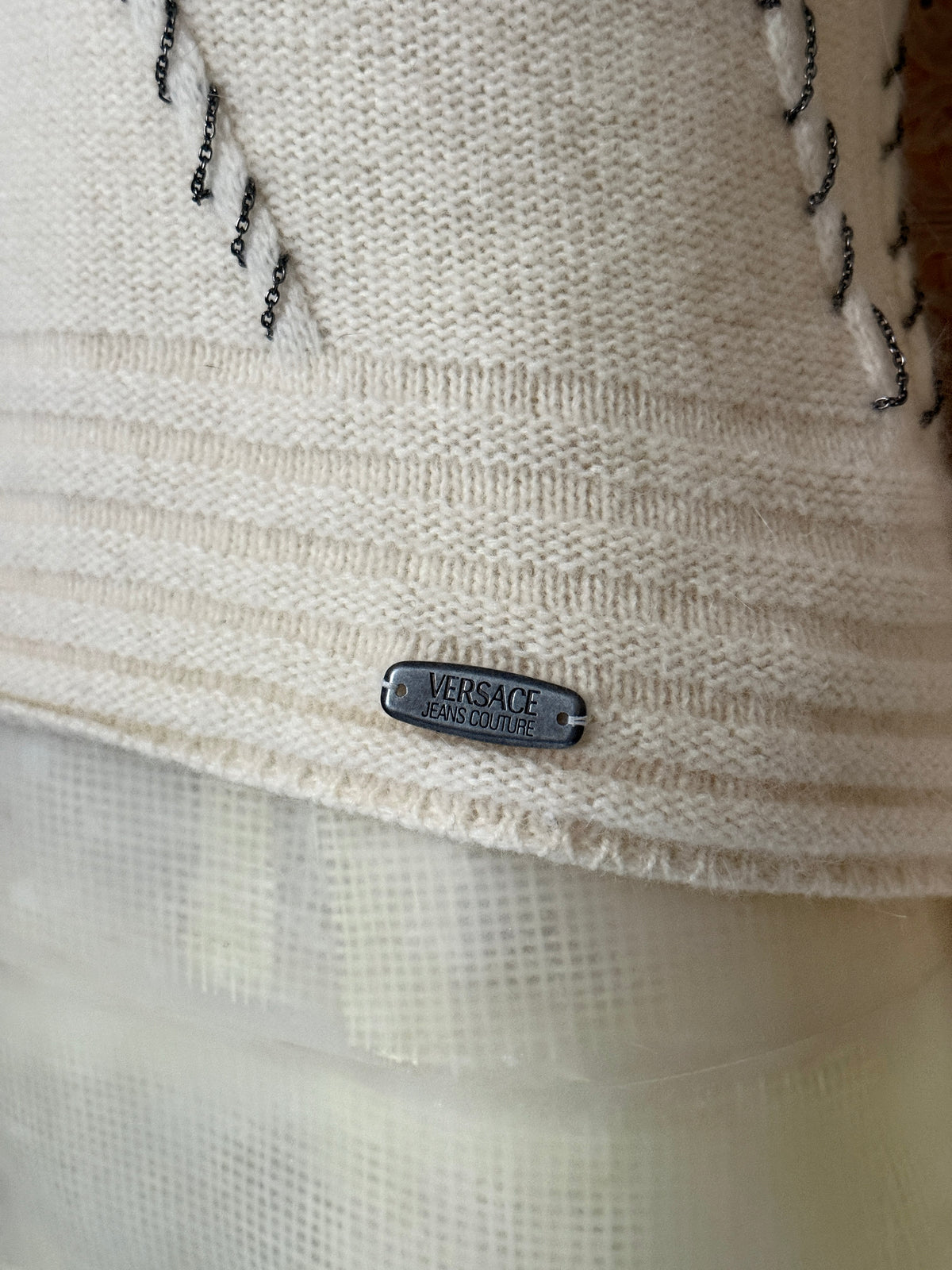Vintage "Versace Jeans Couture" Cream  Whipstitch Chain Wool Turtleneck Knit - XS