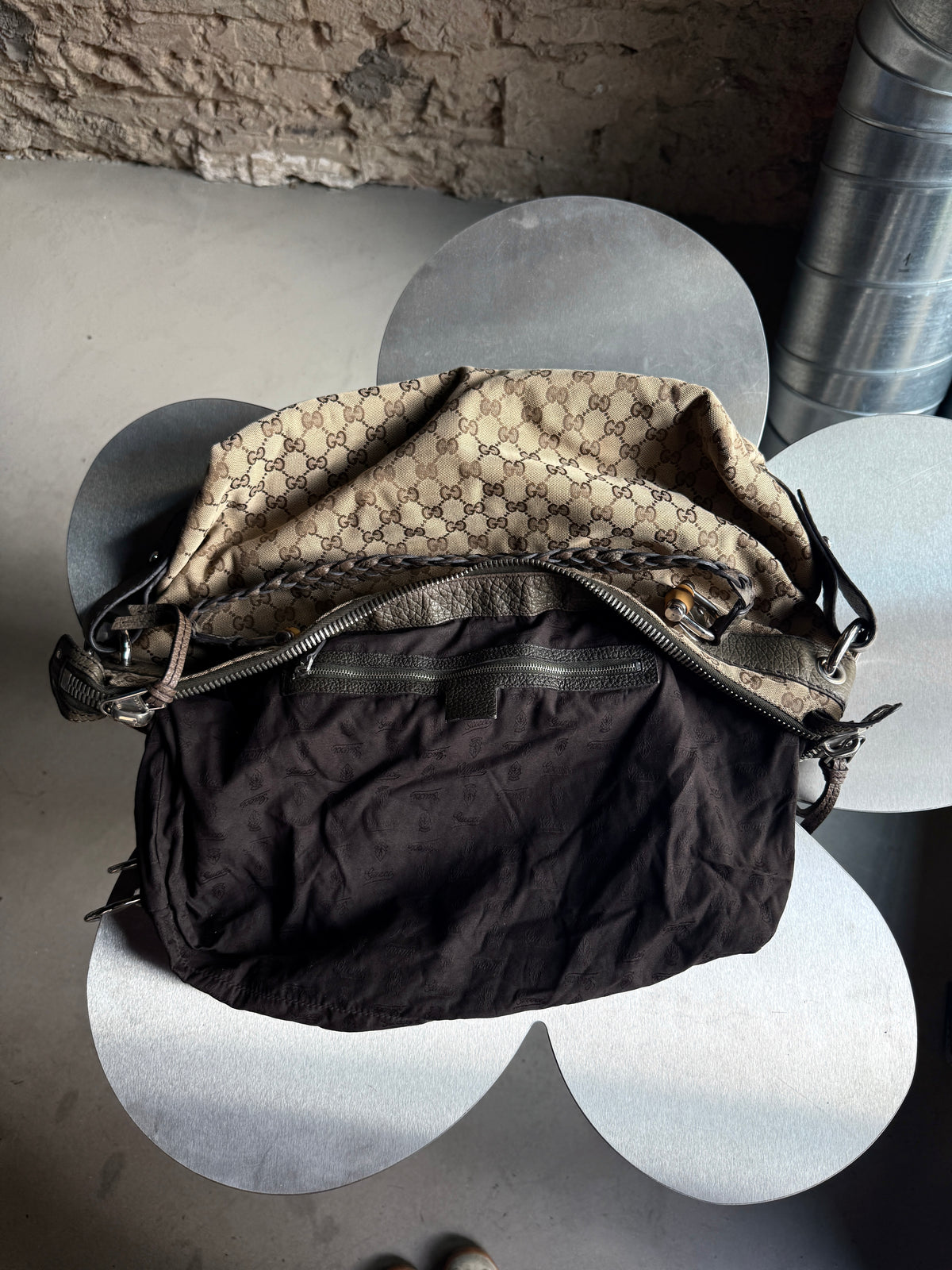 Vintage Gucci GG Bamboo Bar Large Shoulder Bag (Khaki Braided Strap)