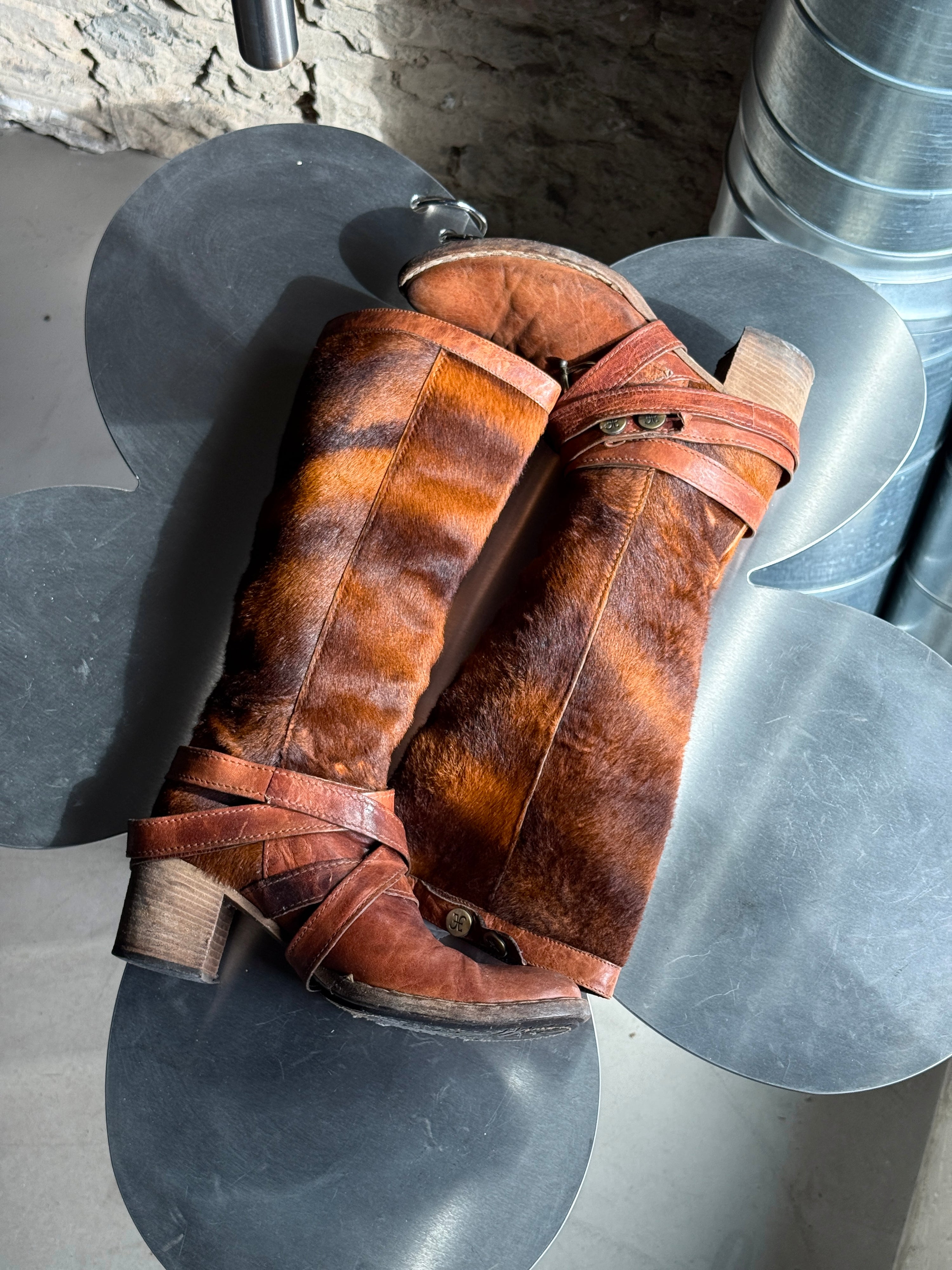 Vintage Fabi Italian Leather & Faux Fur Buckle Boots Brown - EU 38.5