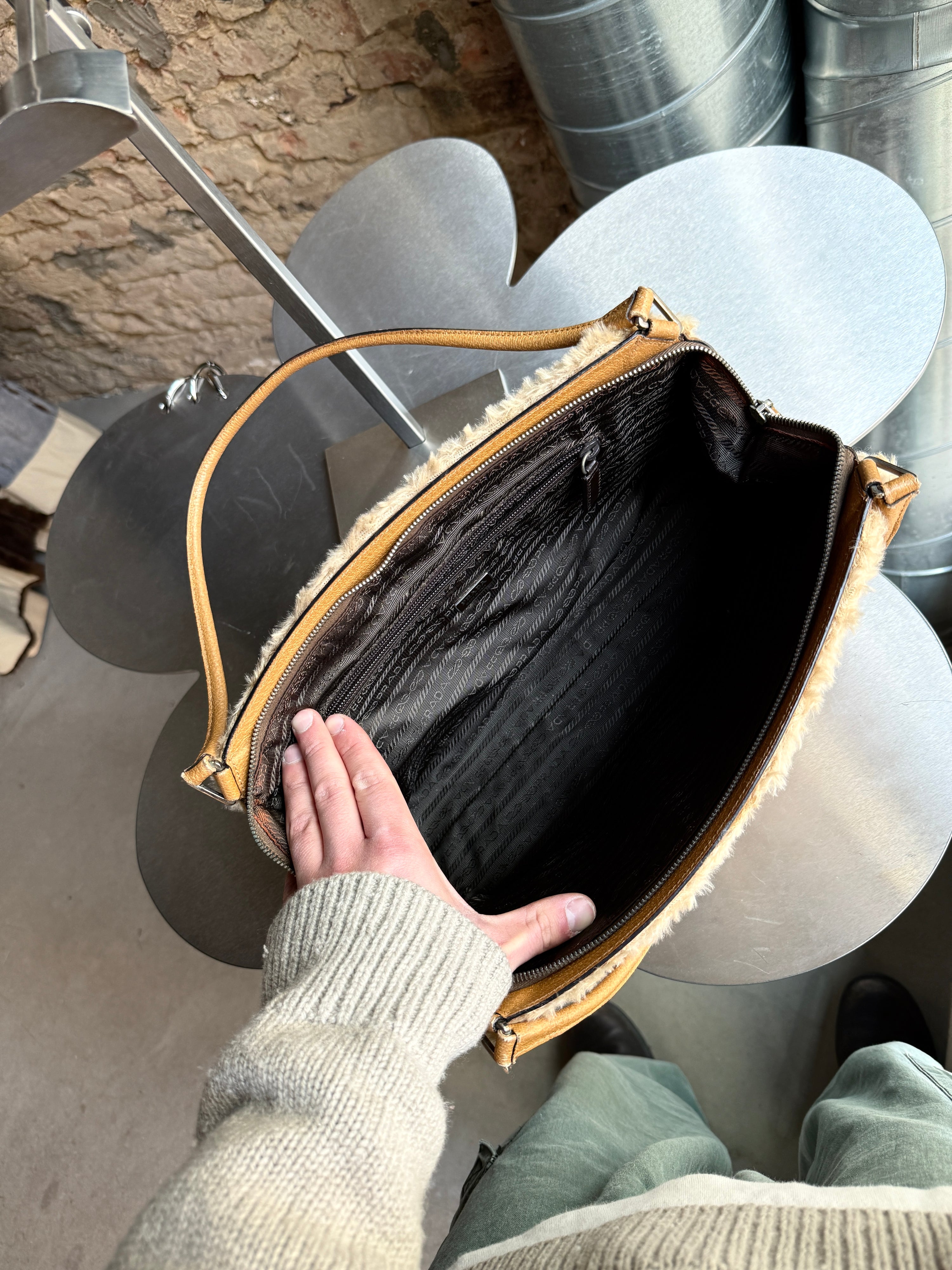 Vintage 2000s Prada Faux Fur Shearling Leather Shoulder Bag Beige