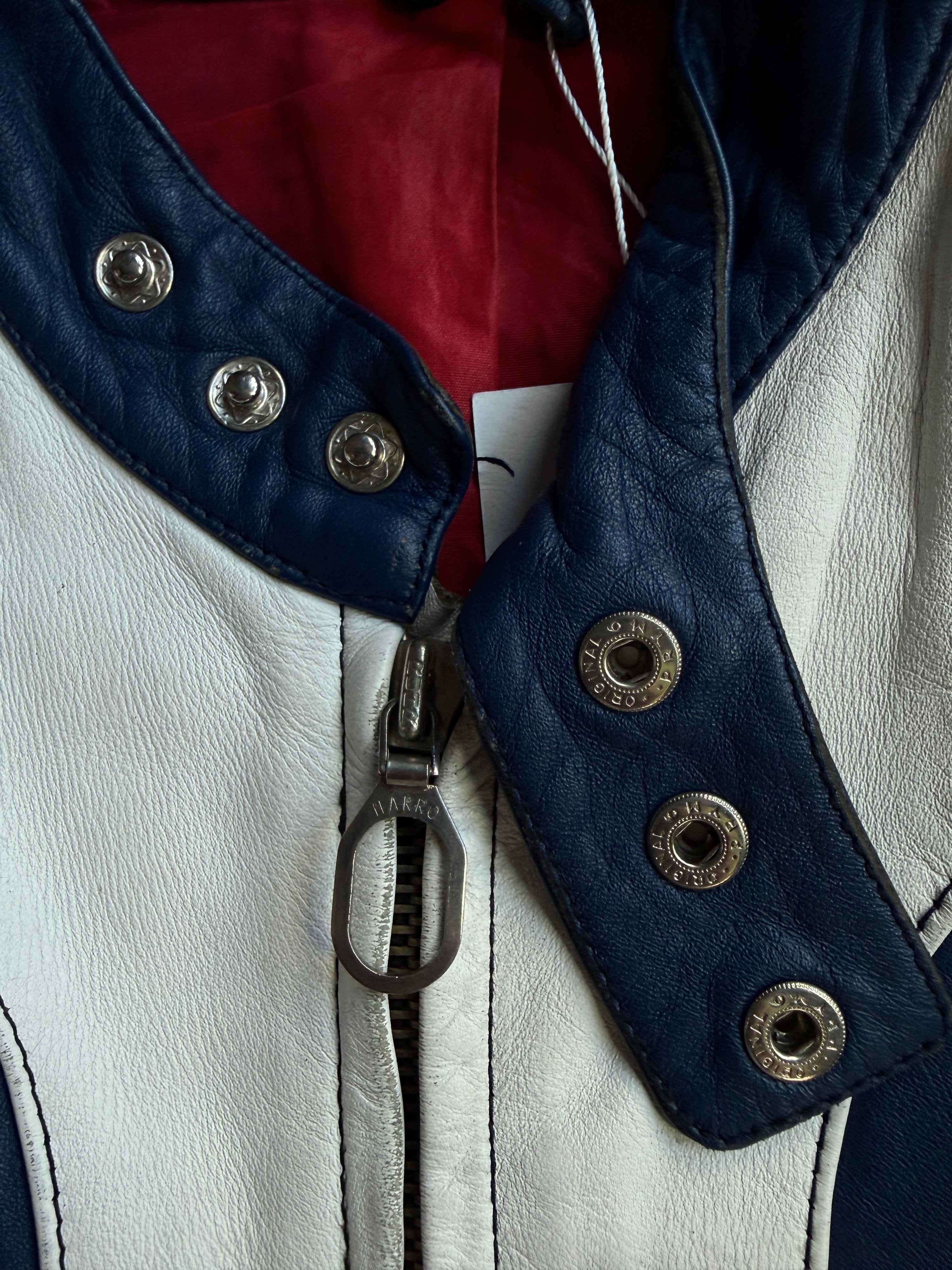 Vintage 1970s Harro Racing Biker Leather Jacket White / Navy - XS