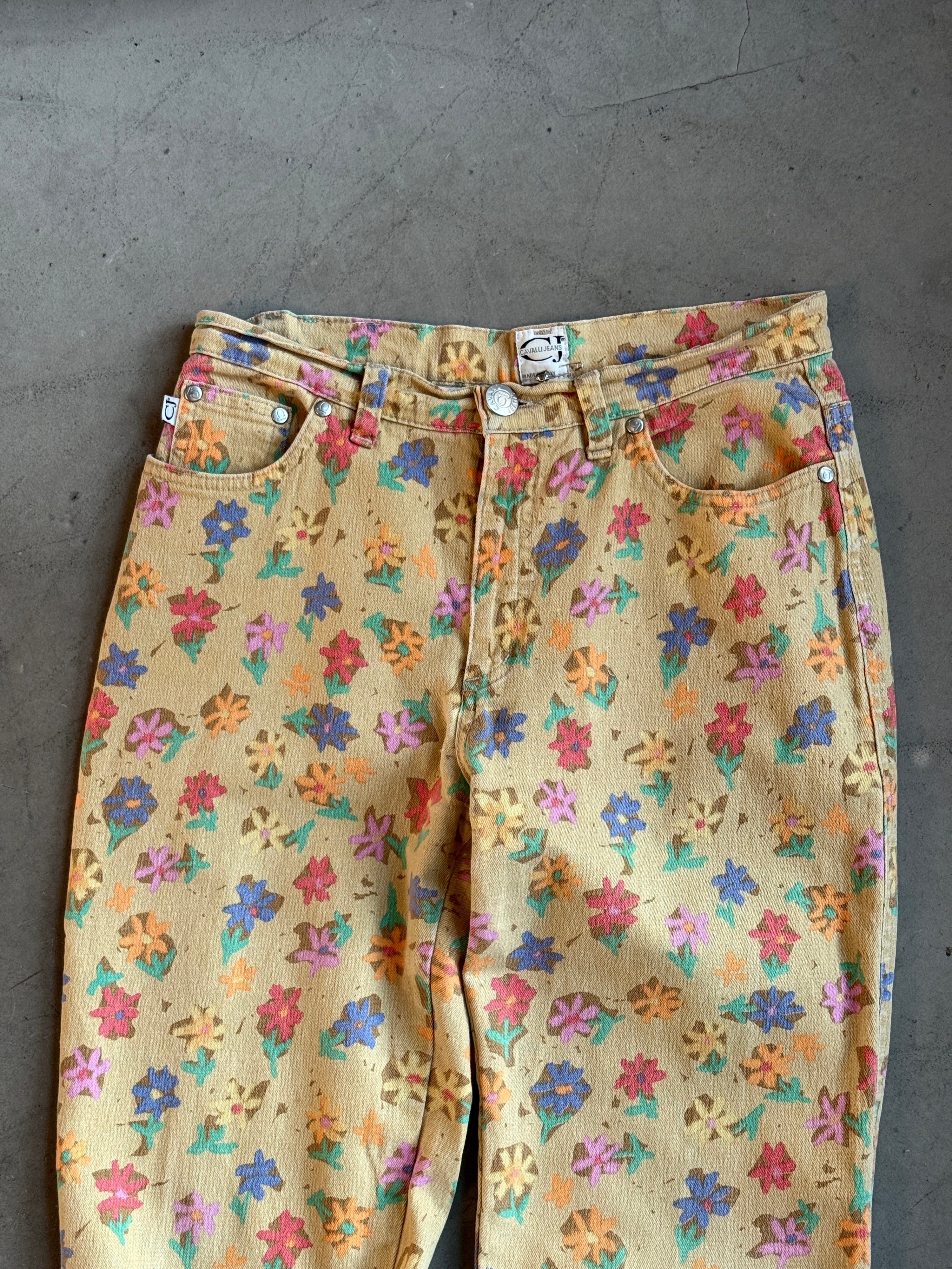 Vintage 1990s Roberto Cavalli Floral Trousers Beige - W30 L29