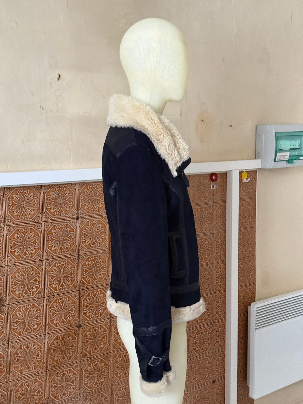 Vintage 00s Armani Jeans Navy Faux Suede / Faux Fur Shearling Aviator Jacket - XS