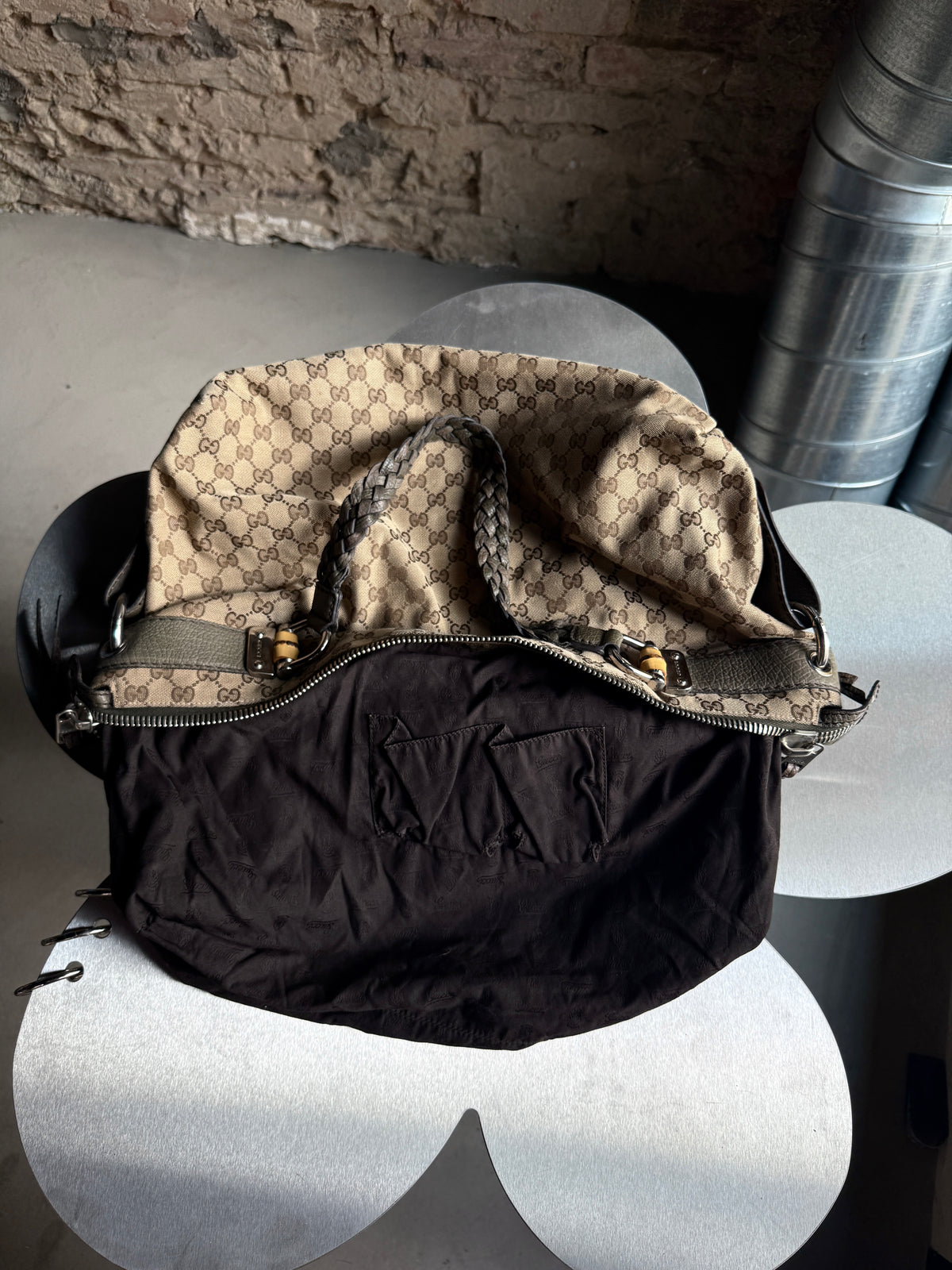 Vintage Gucci GG Bamboo Bar Large Shoulder Bag (Khaki Braided Strap)