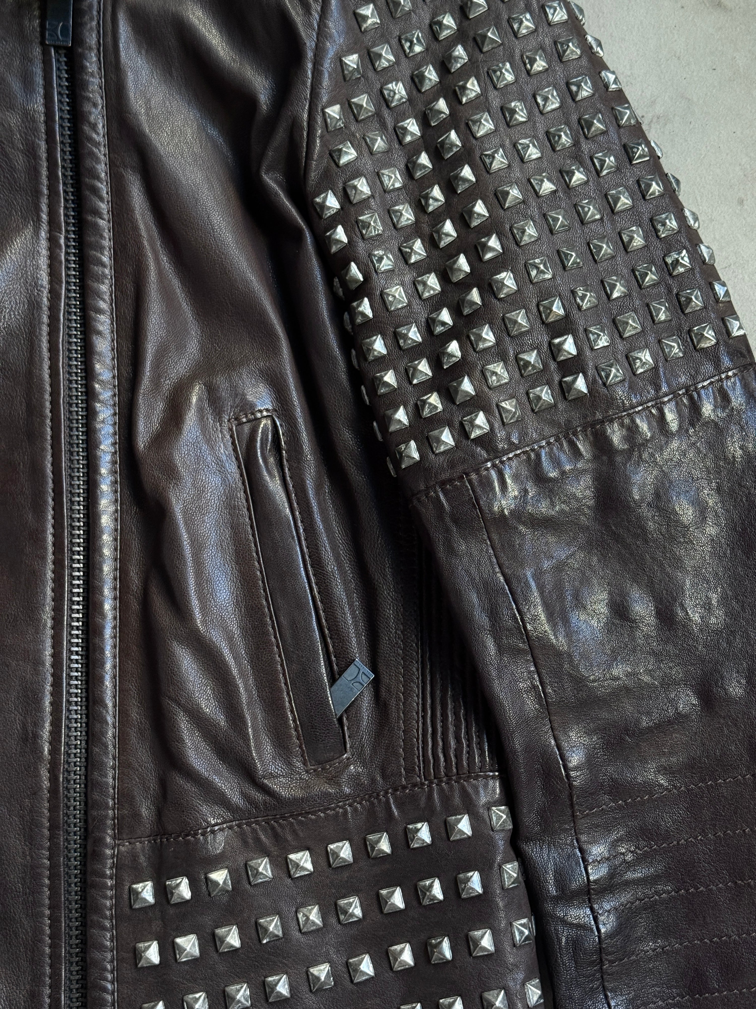 Vintage 2000s Hugo Boss Orange Studded Biker Leather Jacket Brown - S