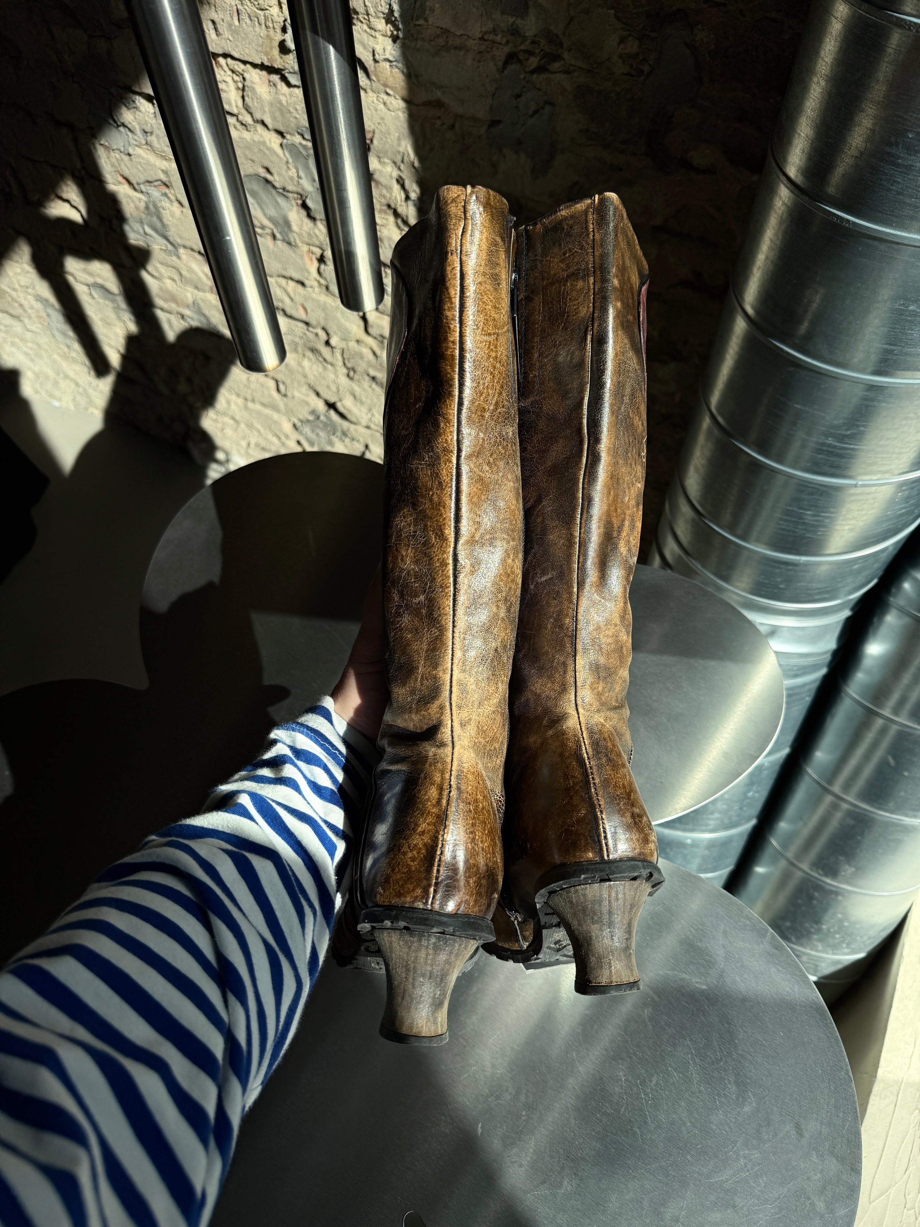Vintage Eject Knee High Leather Boots Brown/Burgundy - EU 39