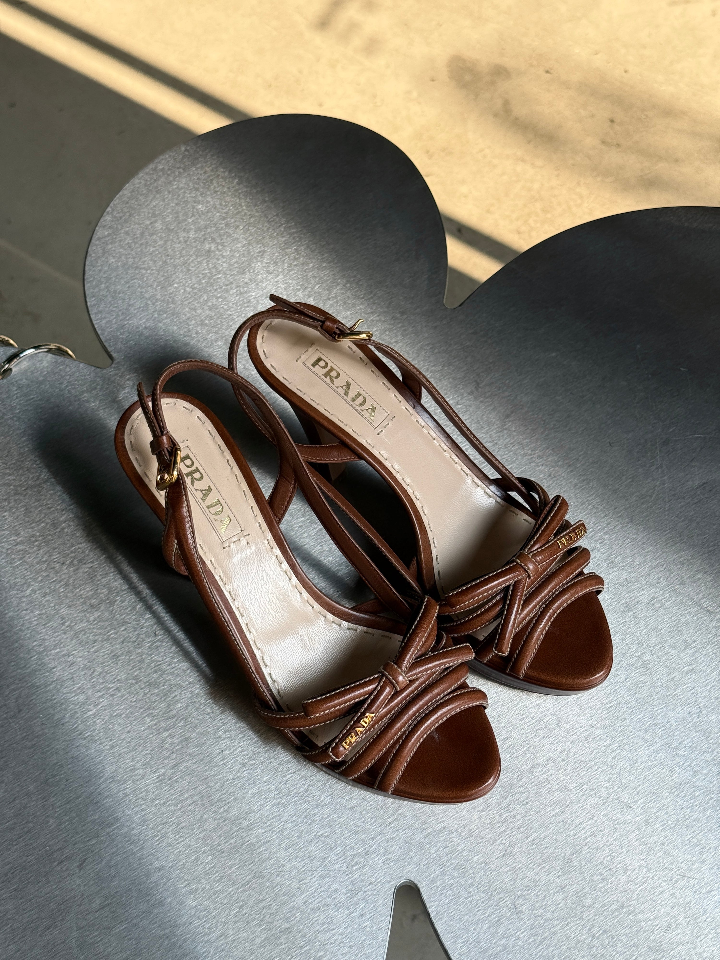 Prada Slingback Bow Leather Heels Brown (with box) - EU 40