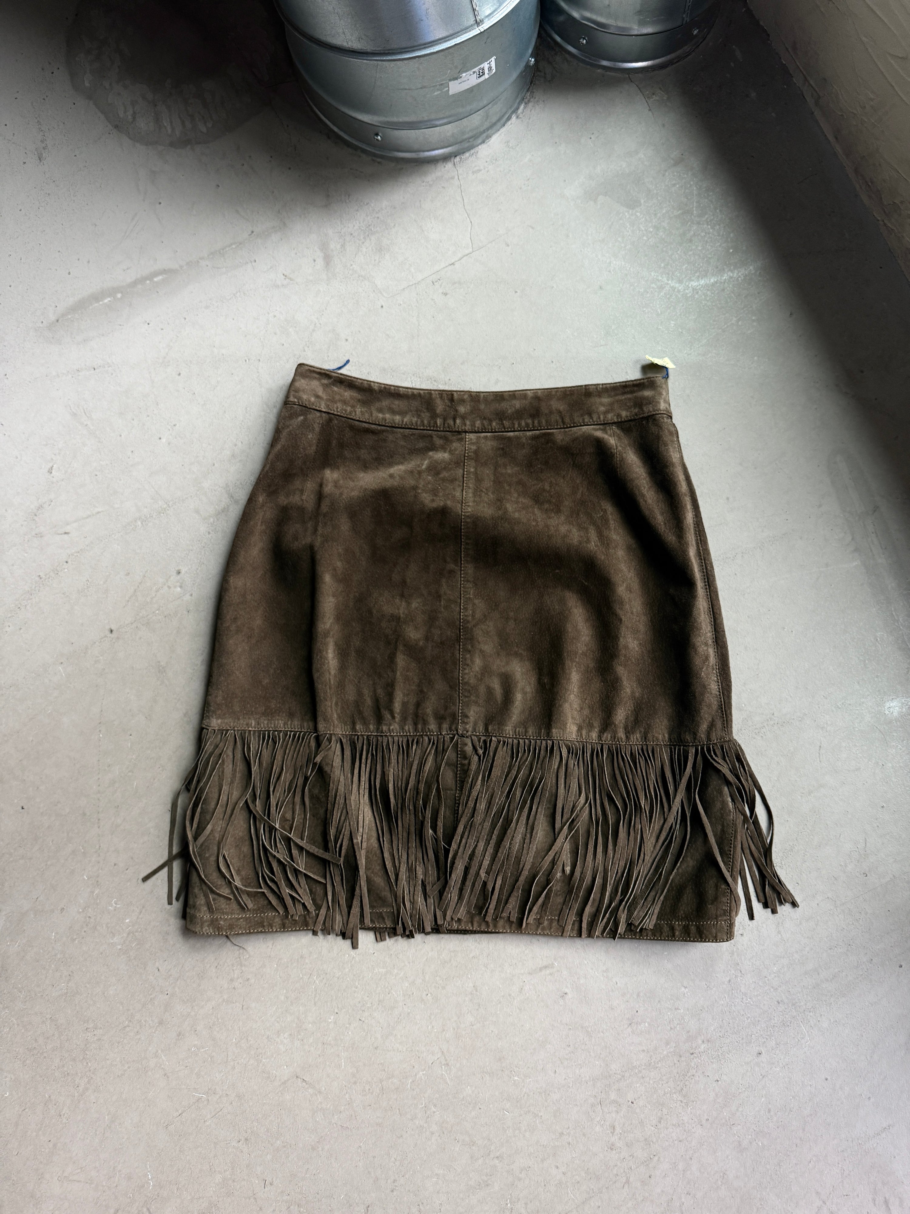 Vintage Conbipel Suede Fringed Leather Knee Skirt Brown - W30