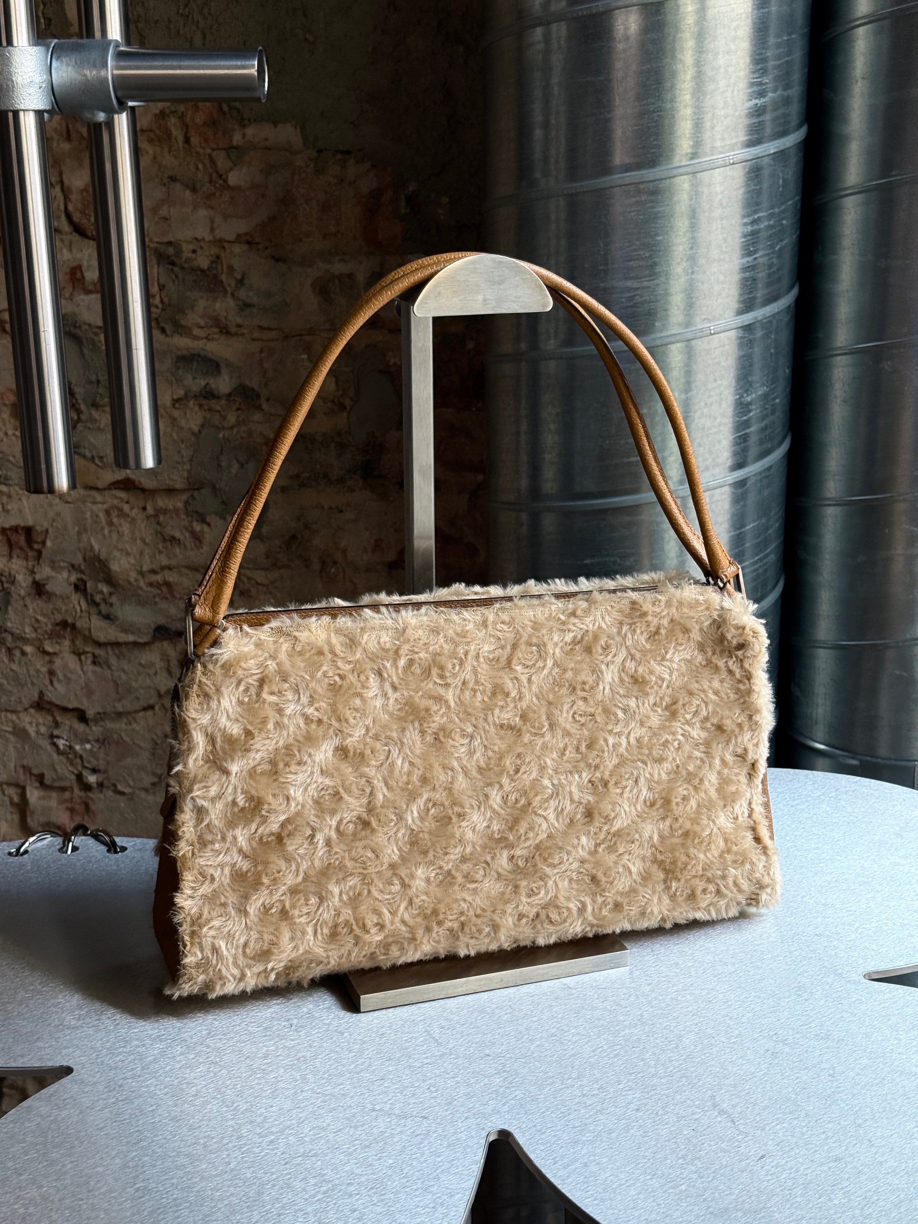 Vintage 2000s Prada Faux Fur Shearling Leather Shoulder Bag Beige