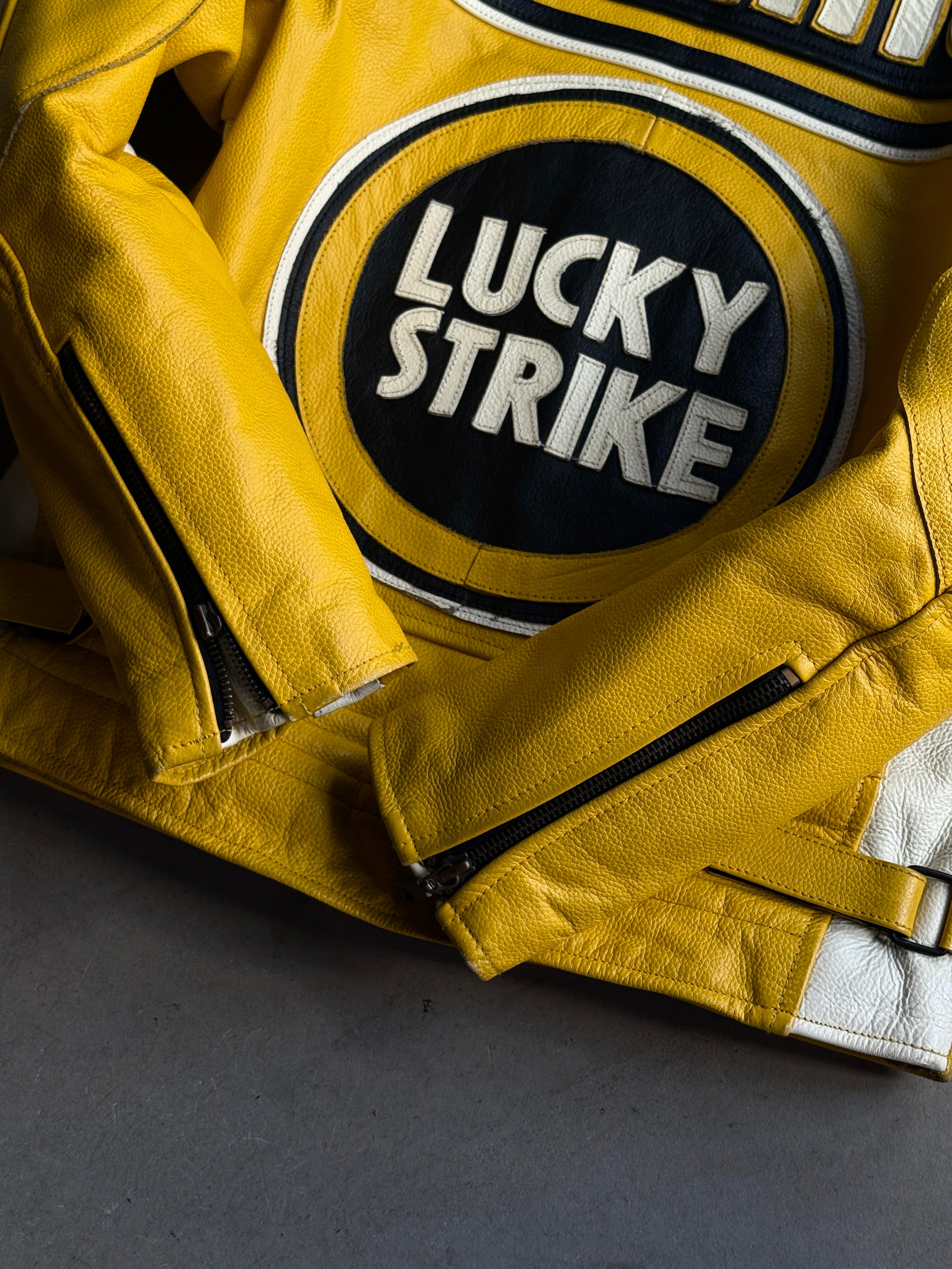 Vintage Lucky Strike Motorcycle Racing Leather Jacket Yellow - S