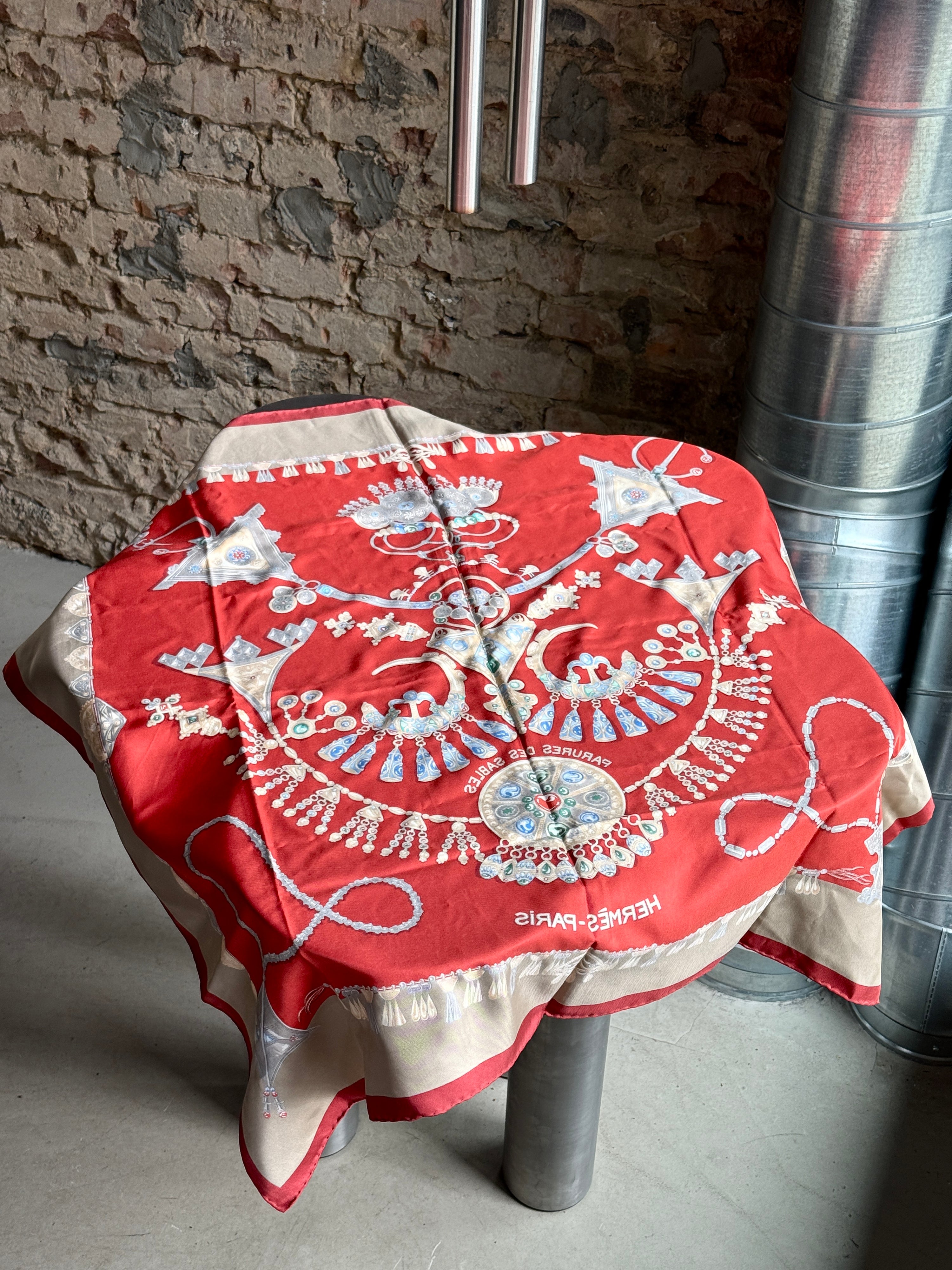 Vintage 1990s Hermes “Parures des Sables” Hermès Silk Scarf Red