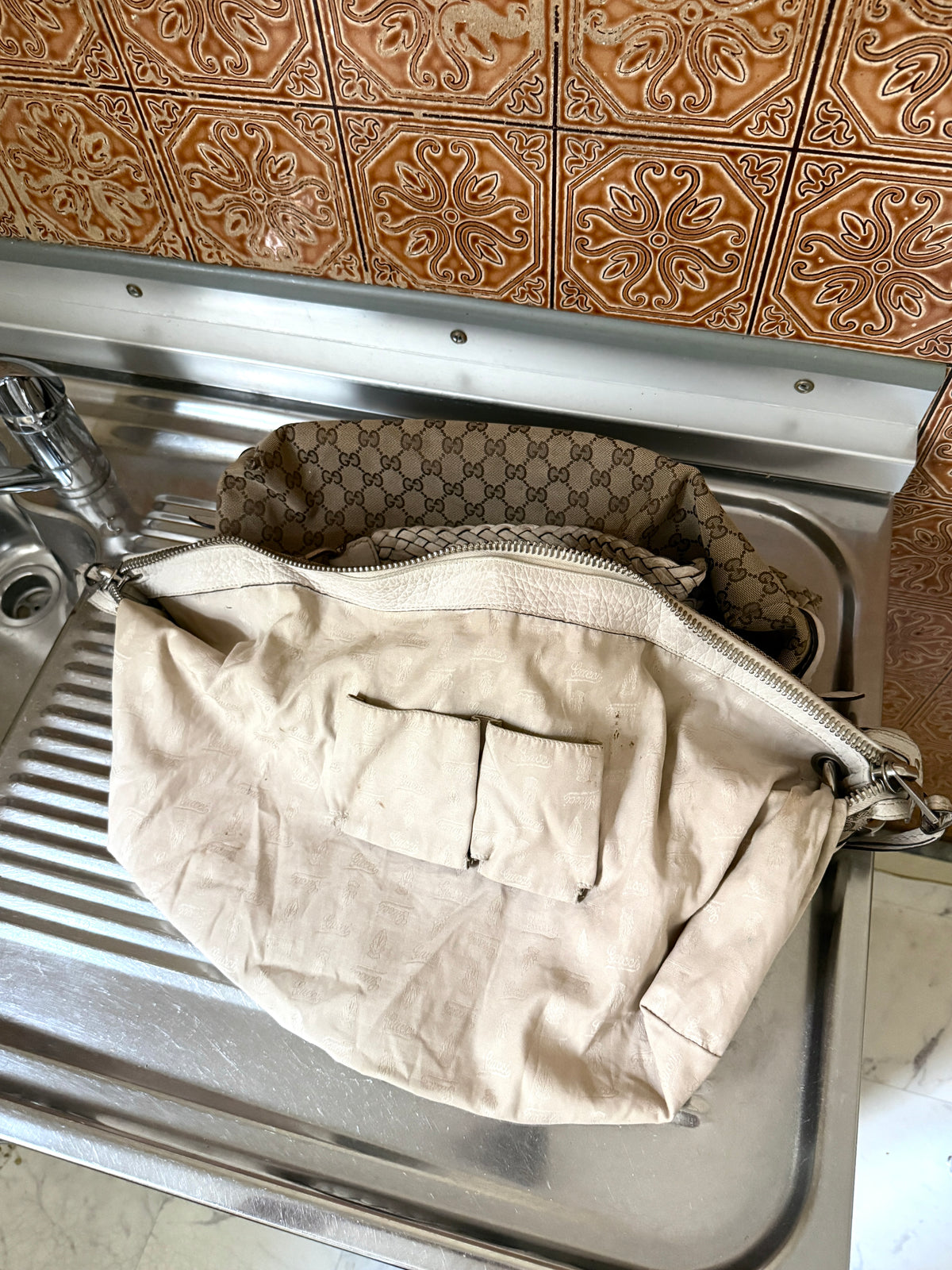 Gucci GG Bamboo Bar Medium Monogram White Shoulder Bag