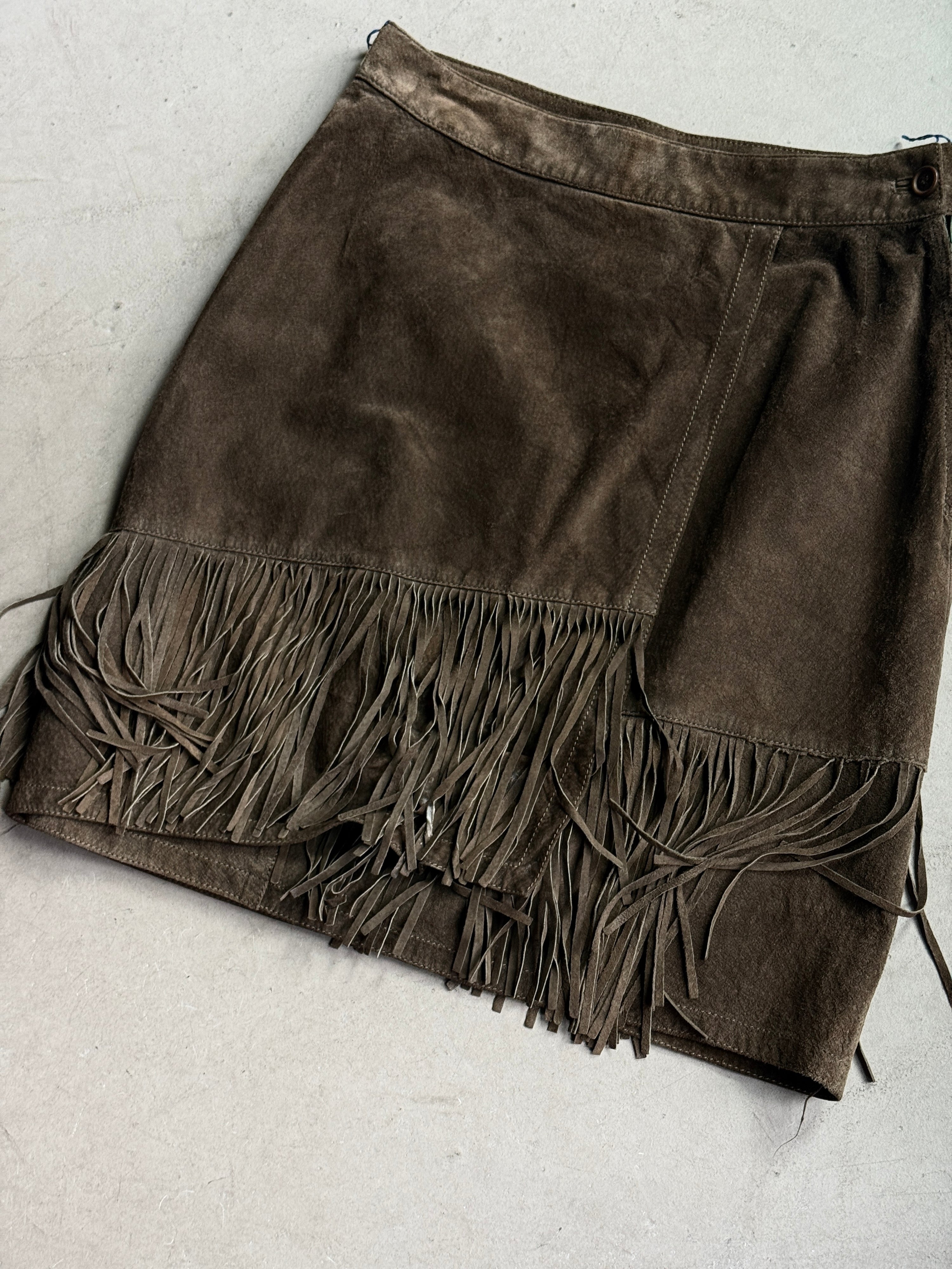 Vintage Conbipel Suede Fringed Leather Knee Skirt Brown - W30
