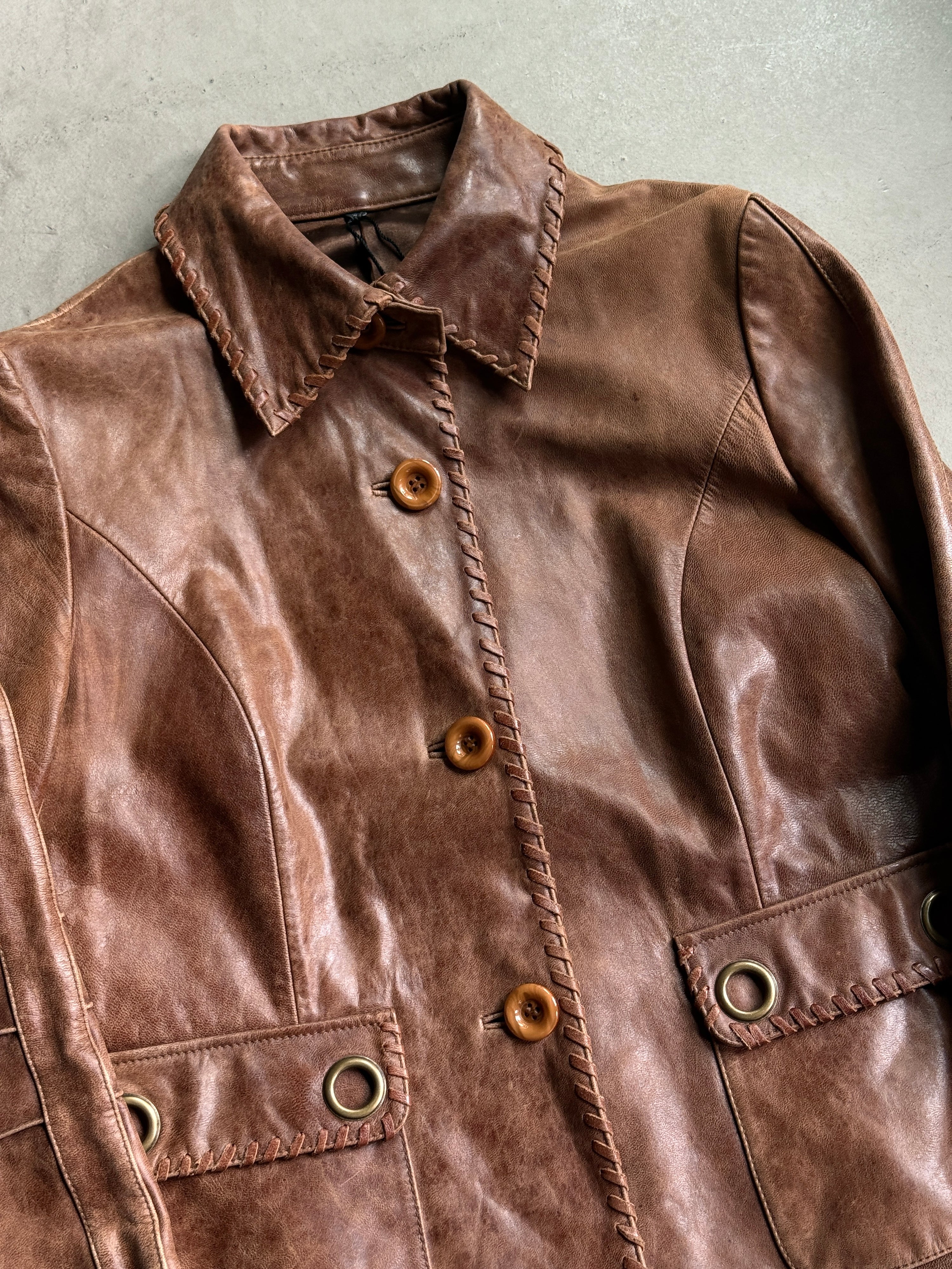 Vintage Brown Leather Jacket w/ oversized flap pockets - S