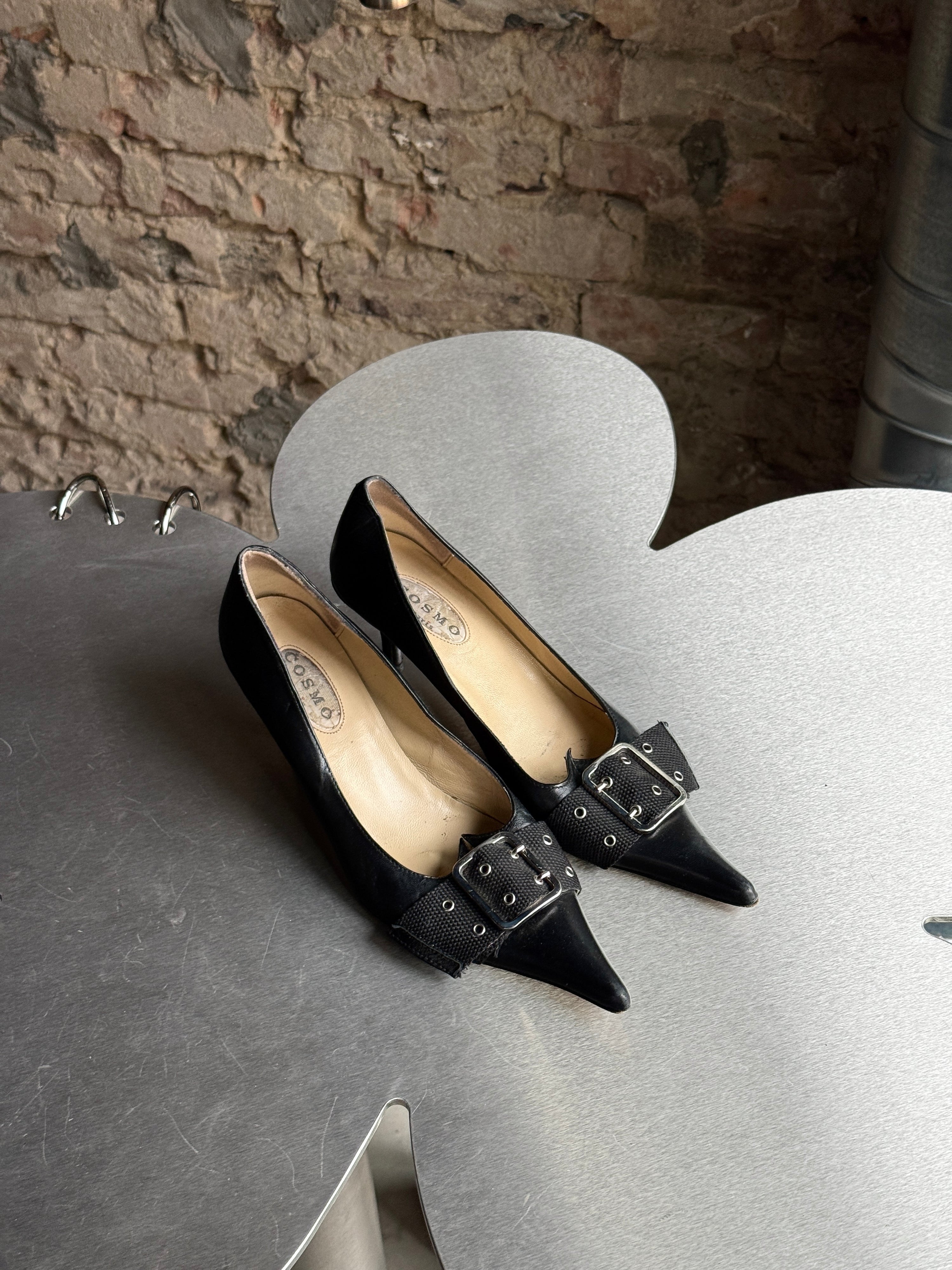 Vintage Pointy Cosmo Paris Leather Buckle Pumps Black - EU 36