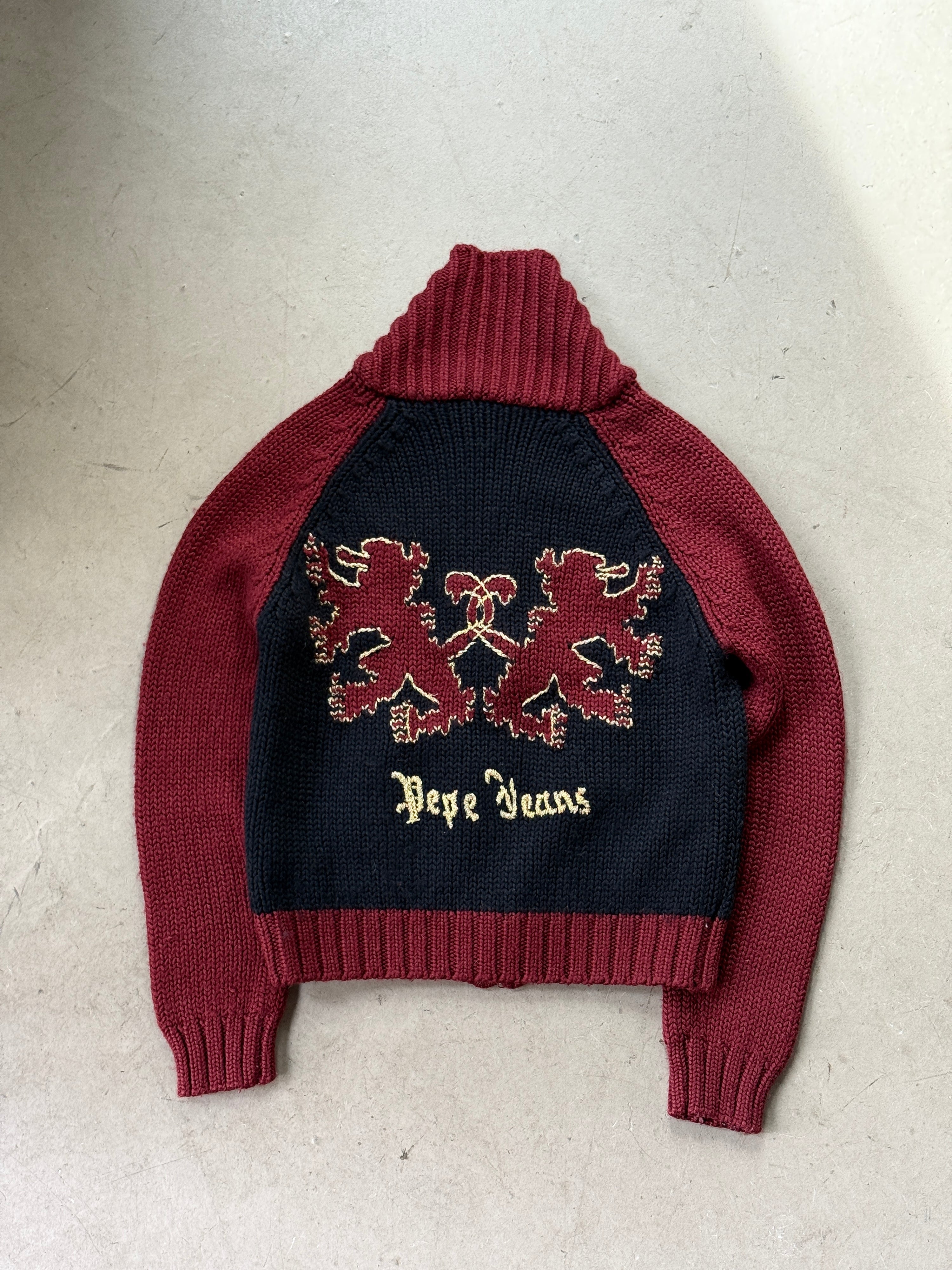 Vintage Pepe Jeans Knitted "Lions" Zip Up Red/Navy - S