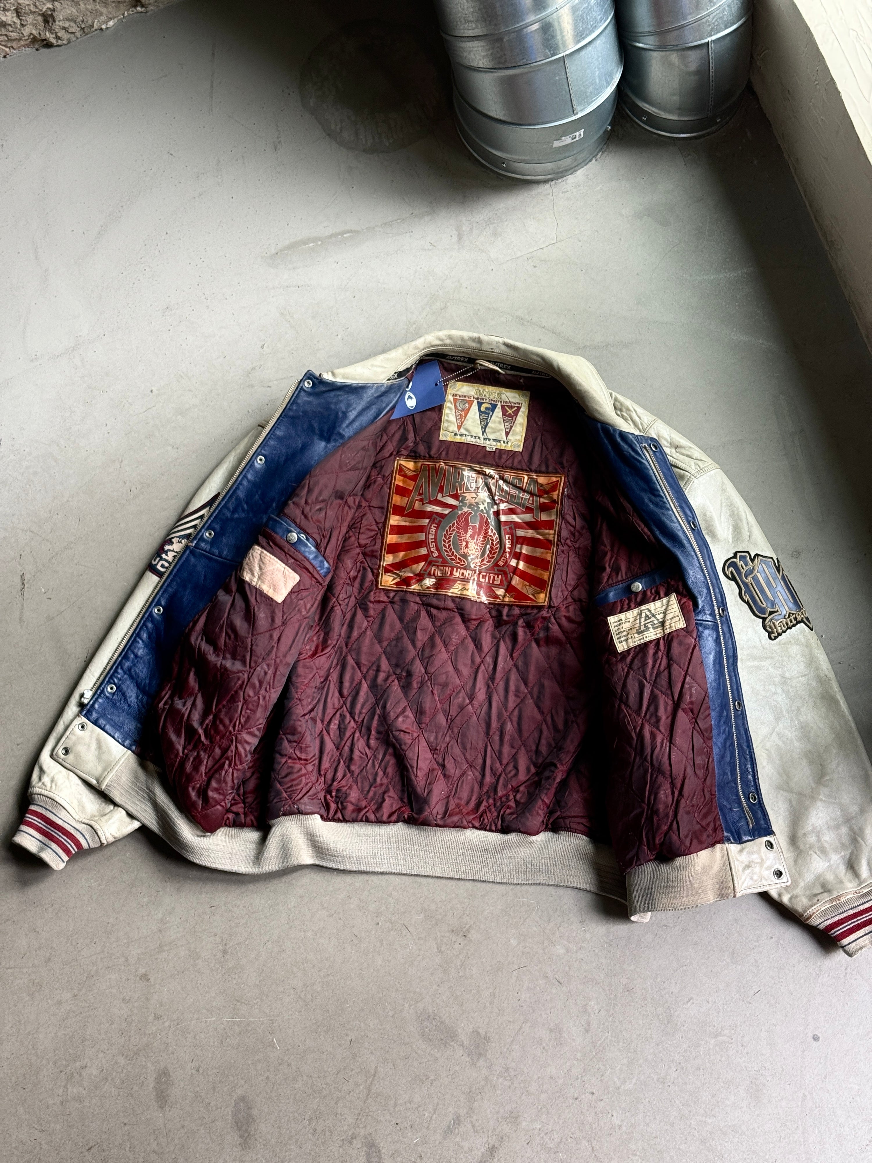 Vintage Avirex "University Club New York" Varsity Leather Jacket Cream - XXL