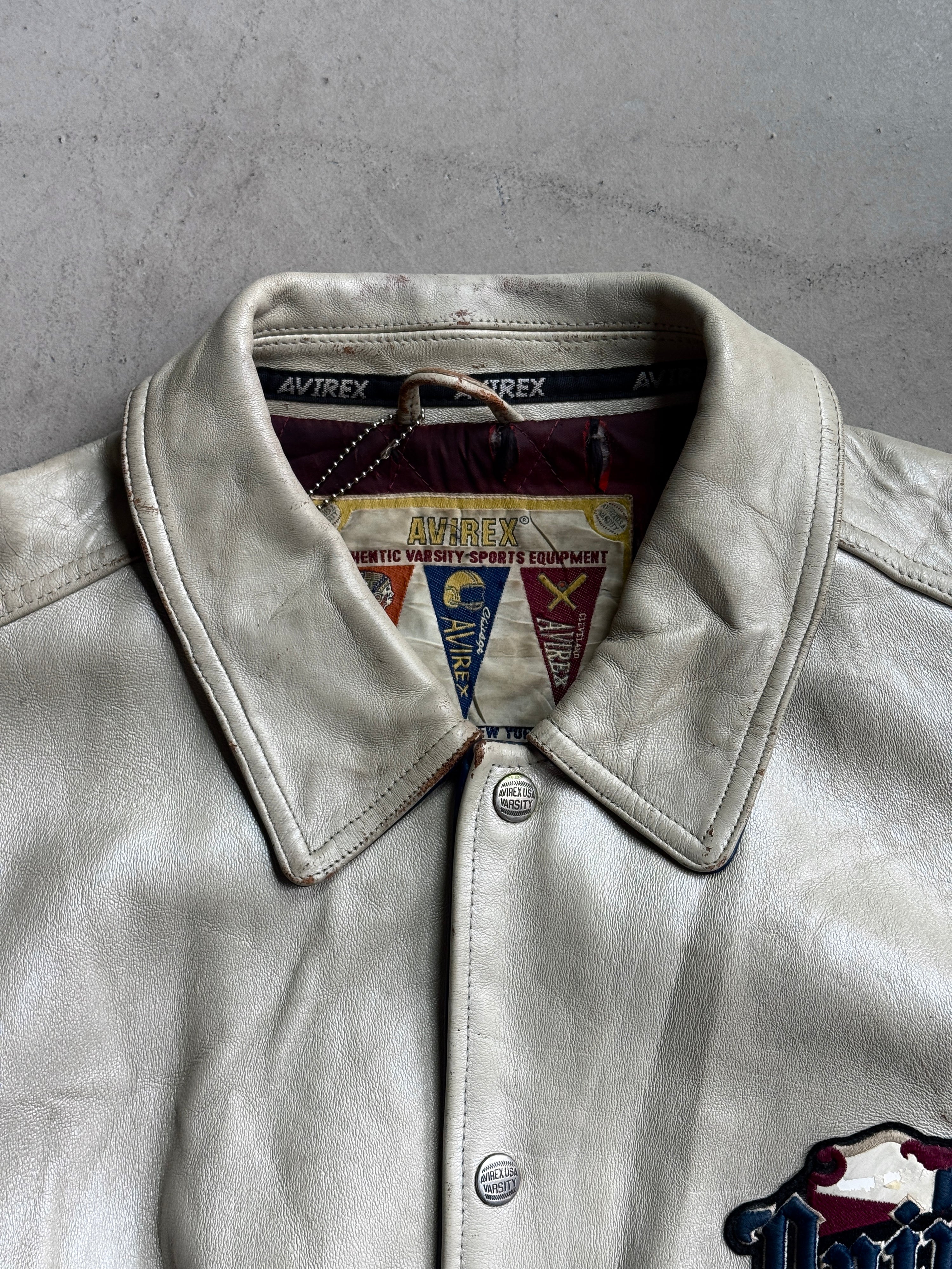 Vintage Avirex "University Club New York" Varsity Leather Jacket Cream - XXL