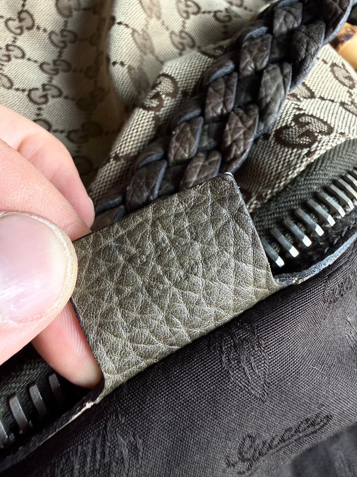 Vintage Gucci GG Bamboo Bar Large Shoulder Bag (Khaki Braided Strap)