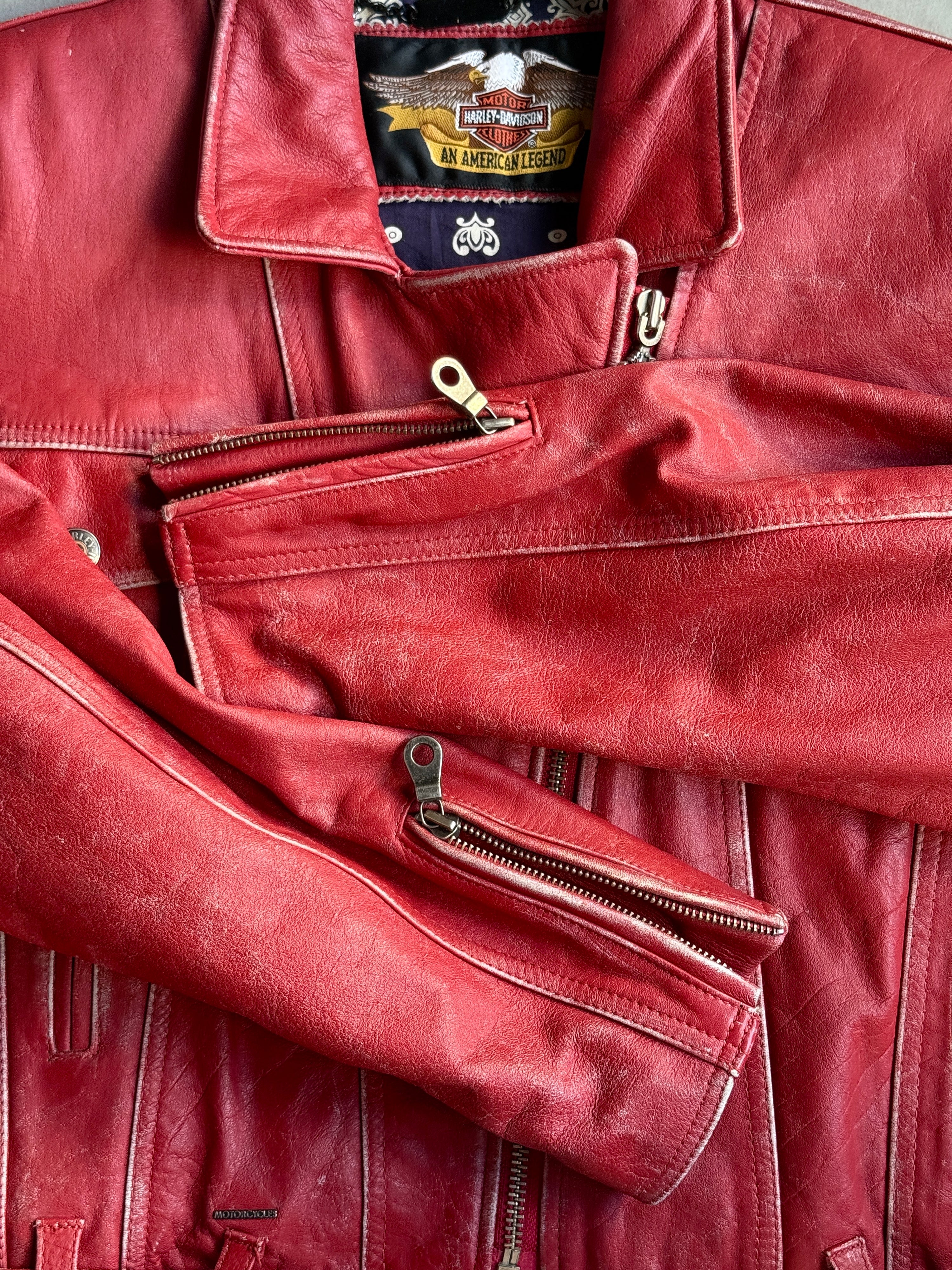 Vintage Bandana Lined Harley-Davidson Biker Leather Jacket Red - M