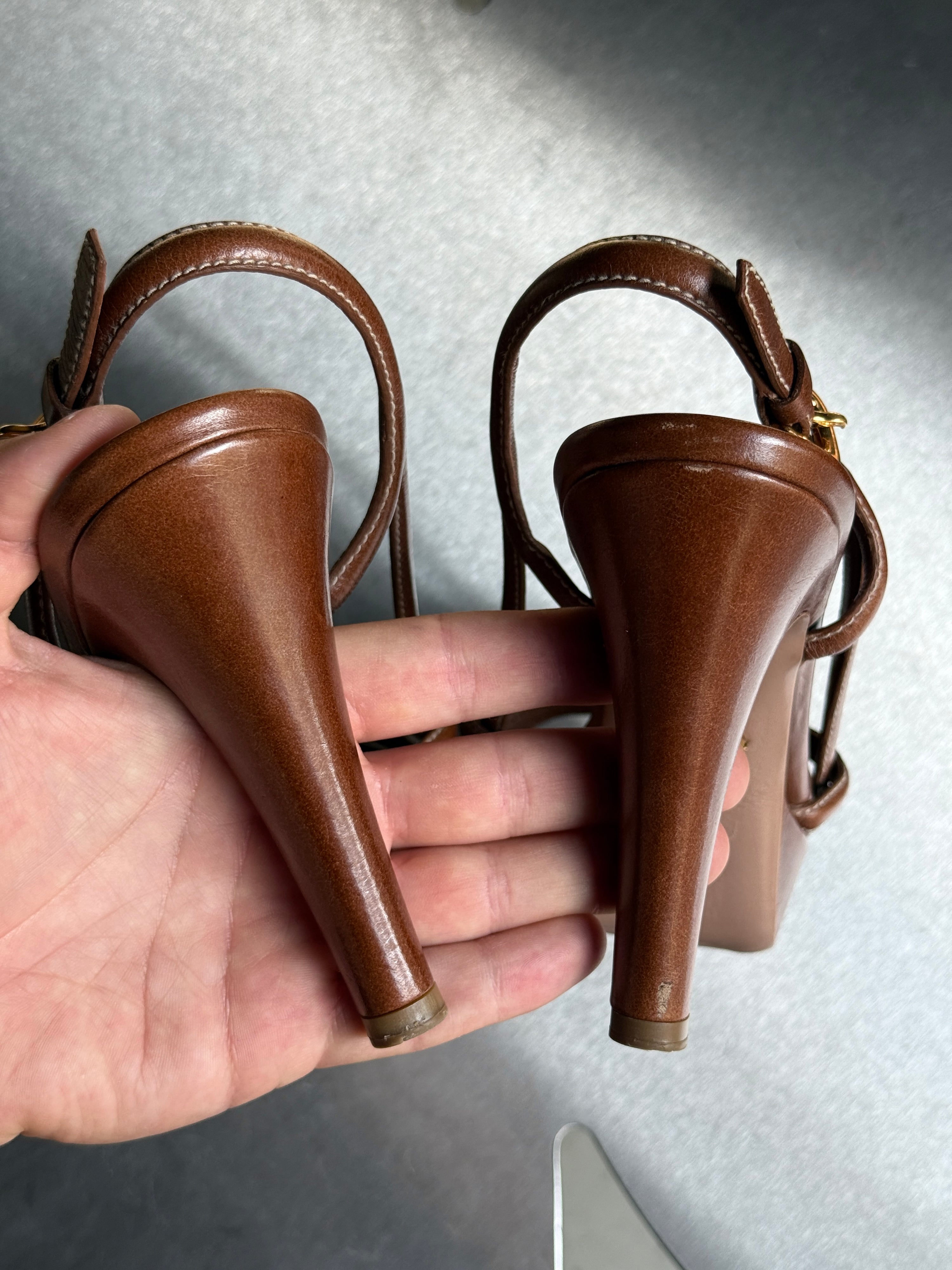 Prada Slingback Bow Leather Heels Brown (with box) - EU 40