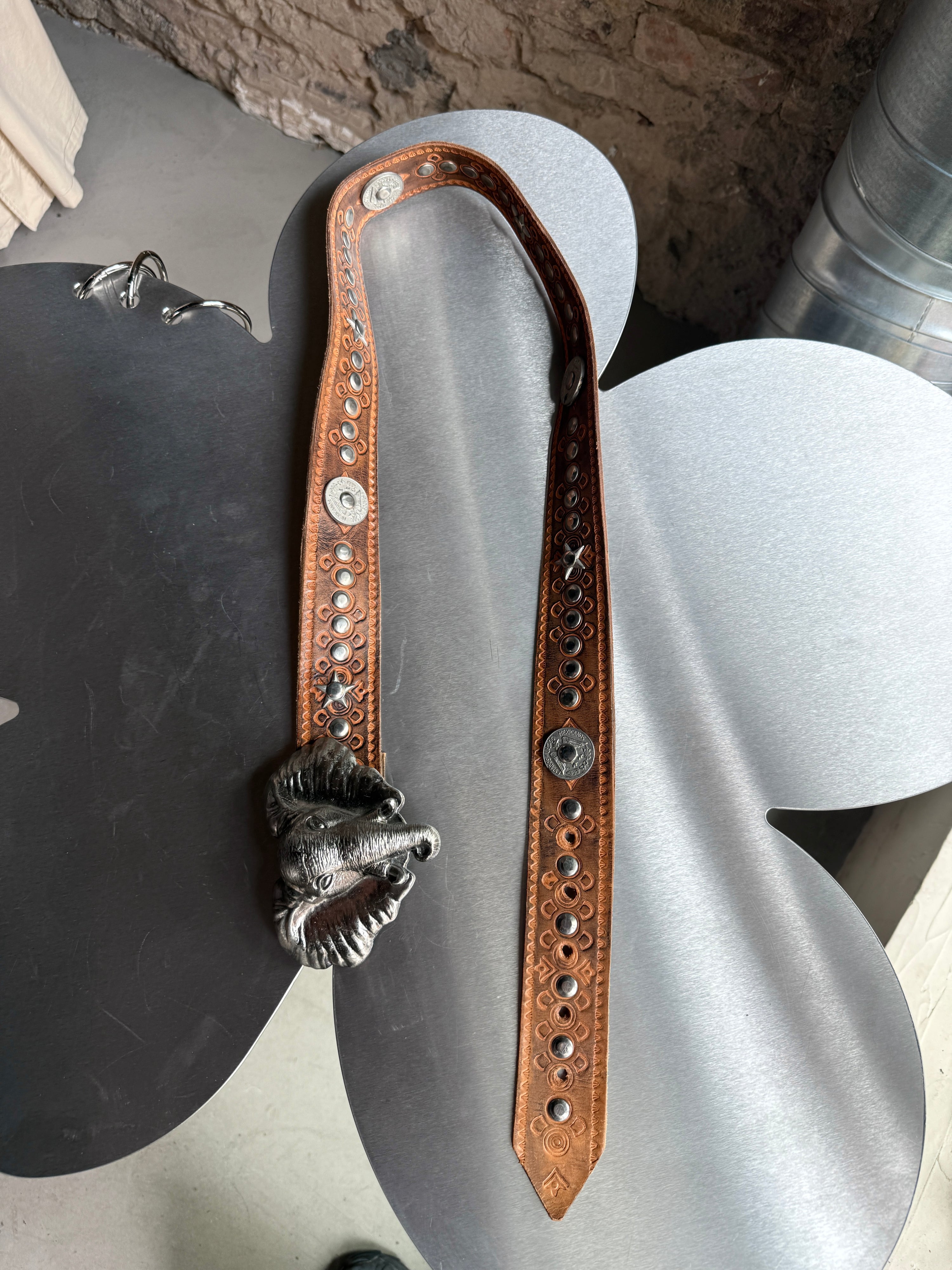 Vintage Elephant Buckle Coin-Studded Leather Belt Brown