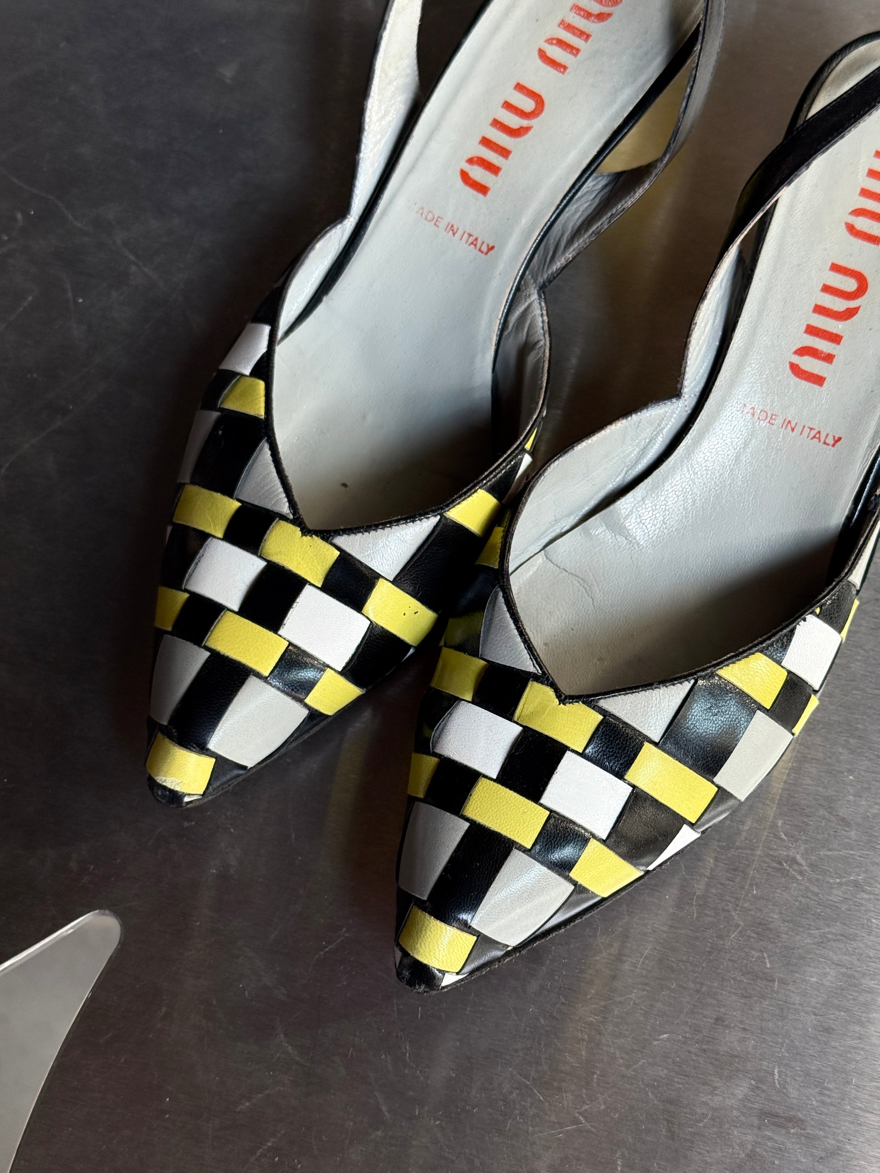 Vintage SS2001 Checkered Miu Miu Slingback Kitten Heels - EU 39.5
