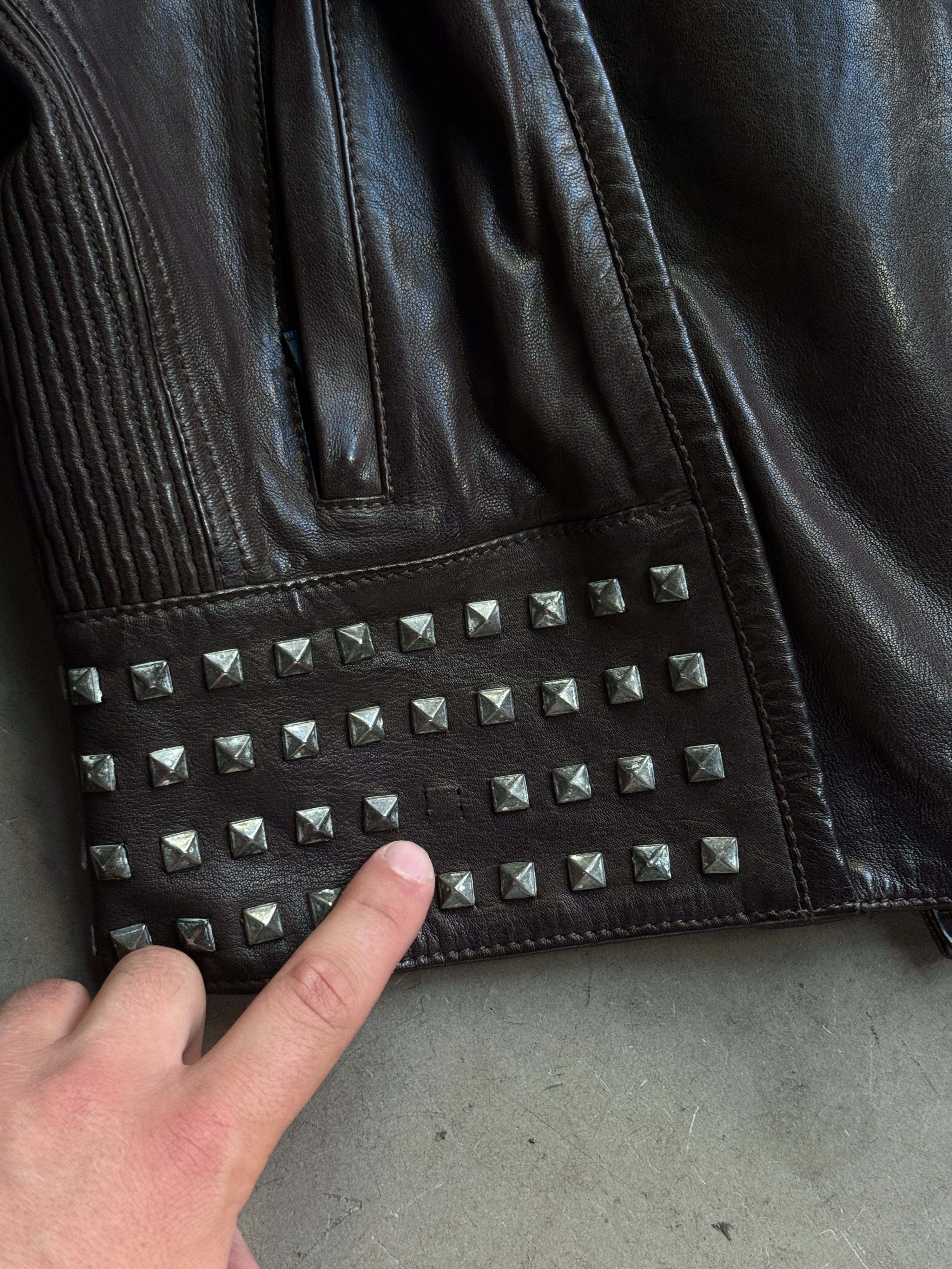 Vintage 2000s Hugo Boss Orange Studded Biker Leather Jacket Brown - S