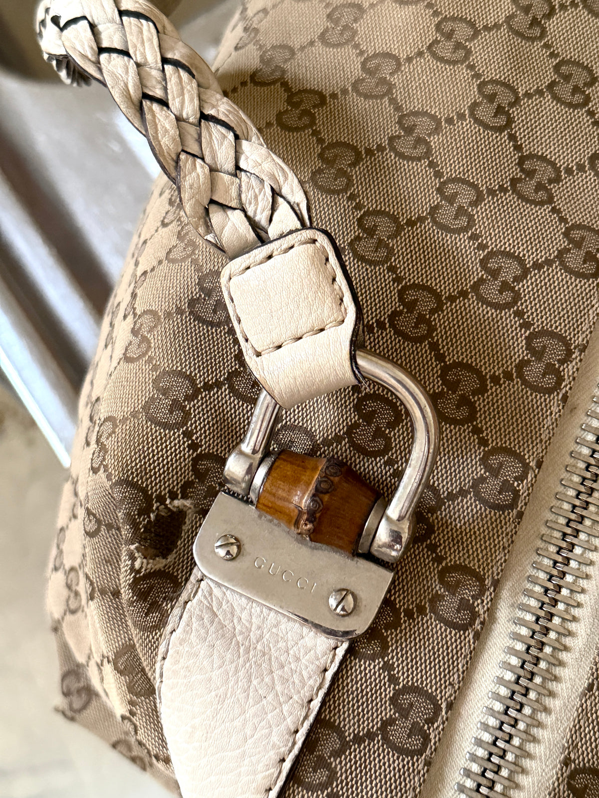 Gucci GG Bamboo Bar Medium Monogram White Shoulder Bag