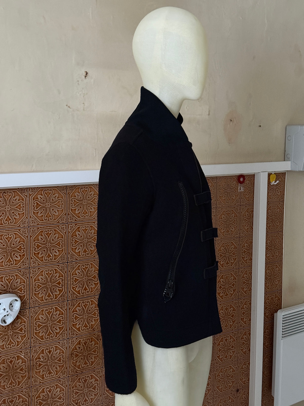 Vintage Cropped Cop Copine Black Fleece Velcro Jacket - S