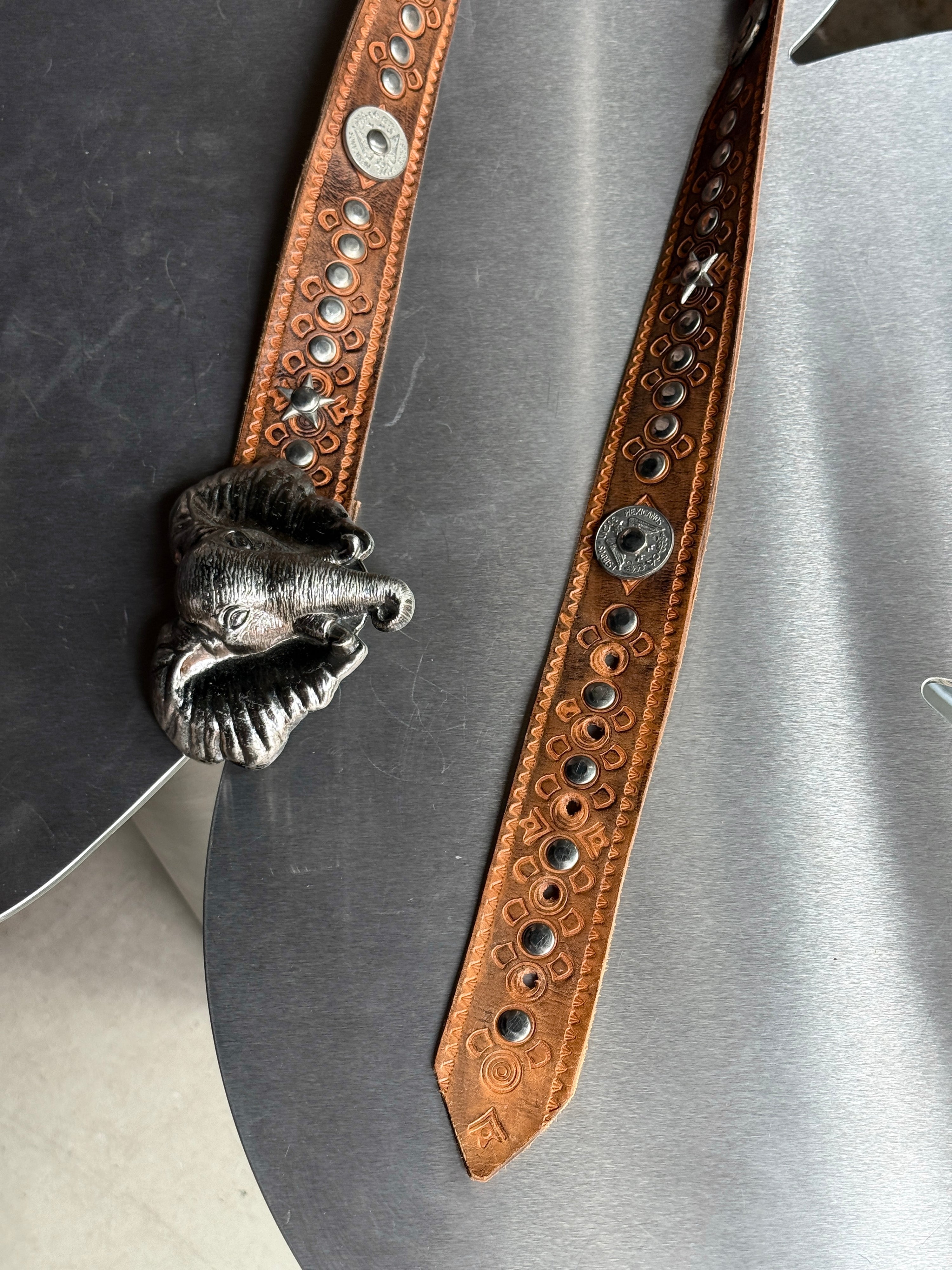 Vintage Elephant Buckle Coin-Studded Leather Belt Brown